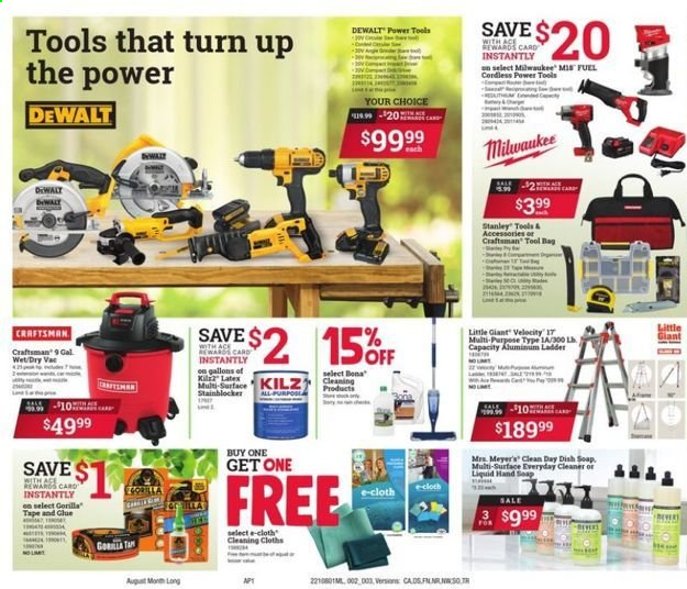 thumbnail - ACE Hardware Flyer - 08/01/2021 - 08/31/2021 - Sales products - cleaner, bag, E-cloth, glue, vacuum cleaner, ladder, Stanley, Milwaukee, DeWALT, power tools, Craftsman, tool bag. Page 2.