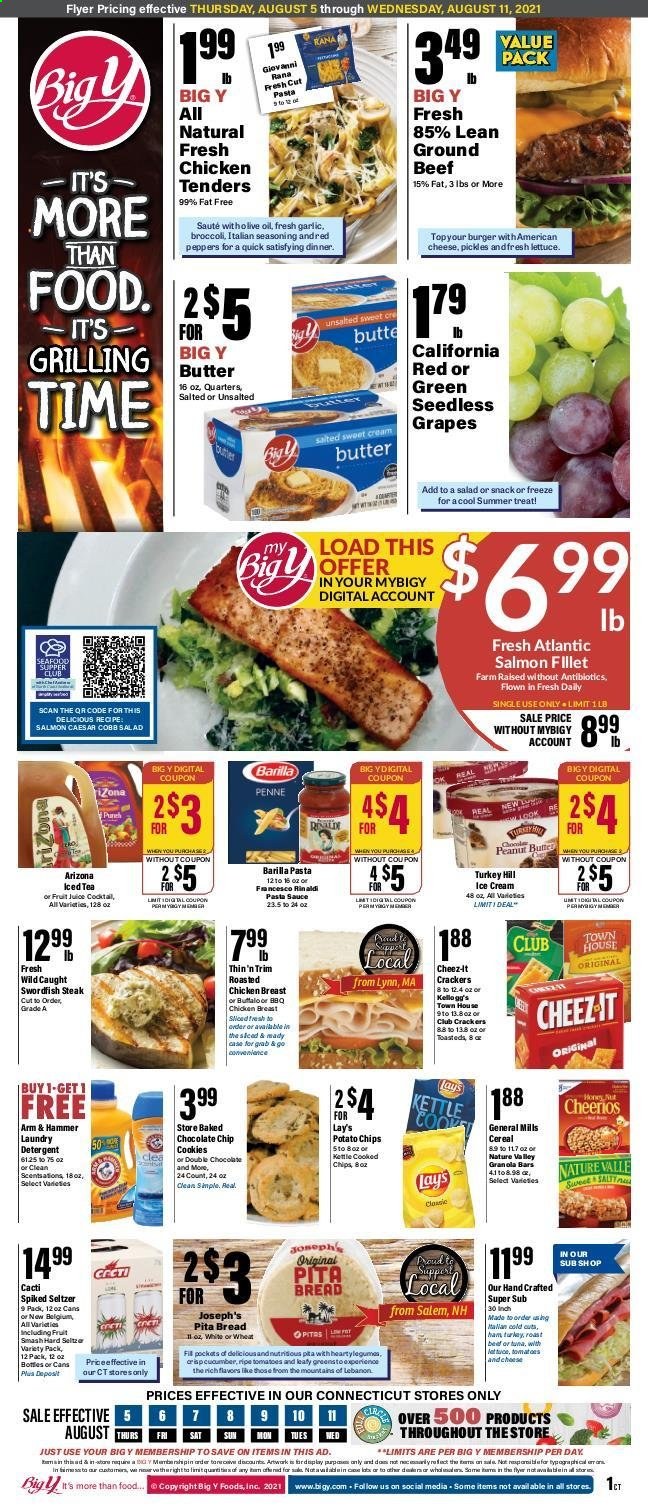 thumbnail - Big Y Flyer - 08/05/2021 - 08/11/2021 - Sales products - seedless grapes, bread, pita, broccoli, garlic, lettuce, grapes, salmon, salmon fillet, swordfish, hamburger, pasta, sauce, Barilla, Giovanni Rana, Rana, ham, cheese, butter, Ola, cookies, crackers, potato chips, chips, Lay’s, Cheez-It, ARM & HAMMER, pickles, cereals, Cheerios, penne, spice, juice, ice tea, AriZona, chicken breasts, chicken tenders, beef meat, ground beef, steak. Page 1.