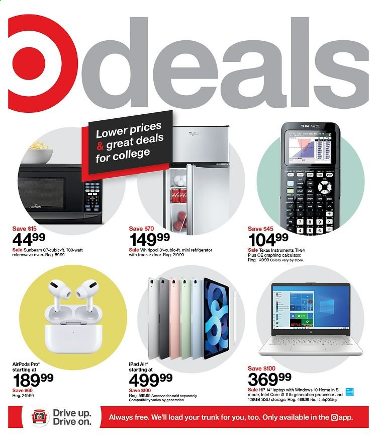 thumbnail - Target Flyer - 08/08/2021 - 08/14/2021 - Sales products - Intel, Hewlett Packard, iPad, calculator, Sunbeam, laptop, Airpods, Whirlpool, freezer, refrigerator, oven, microwave. Page 1.