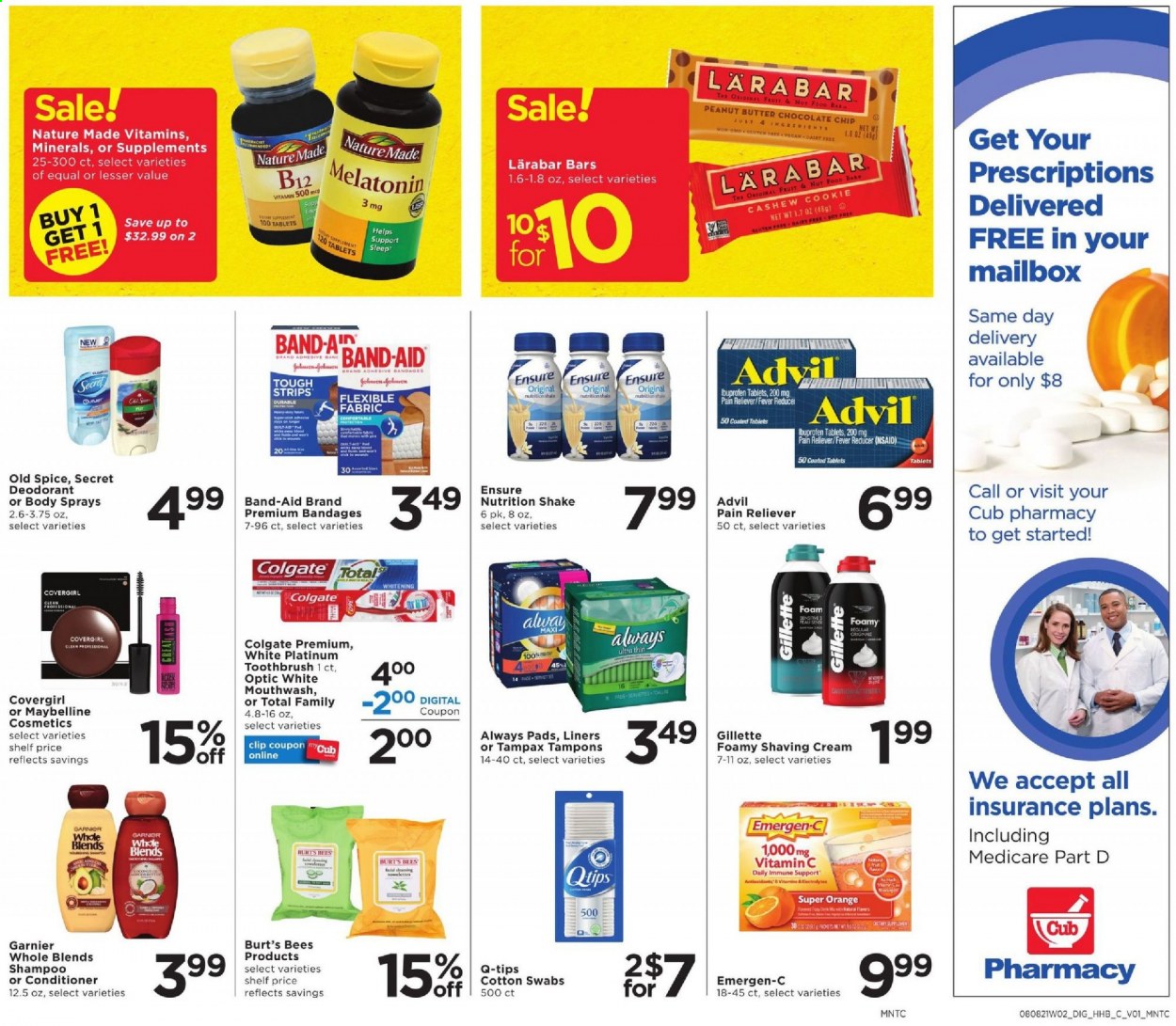 thumbnail - Cub Foods Flyer - 08/08/2021 - 08/14/2021 - Sales products - oranges, shake, strips, chocolate chips, spice, peanut butter, Omo, shampoo, Old Spice, Colgate, toothbrush, mouthwash, Tampax, Always pads, tampons, Garnier, conditioner, anti-perspirant, deodorant, Gillette, Nature Made, vitamin c, Advil Rapid, Emergen-C. Page 9.