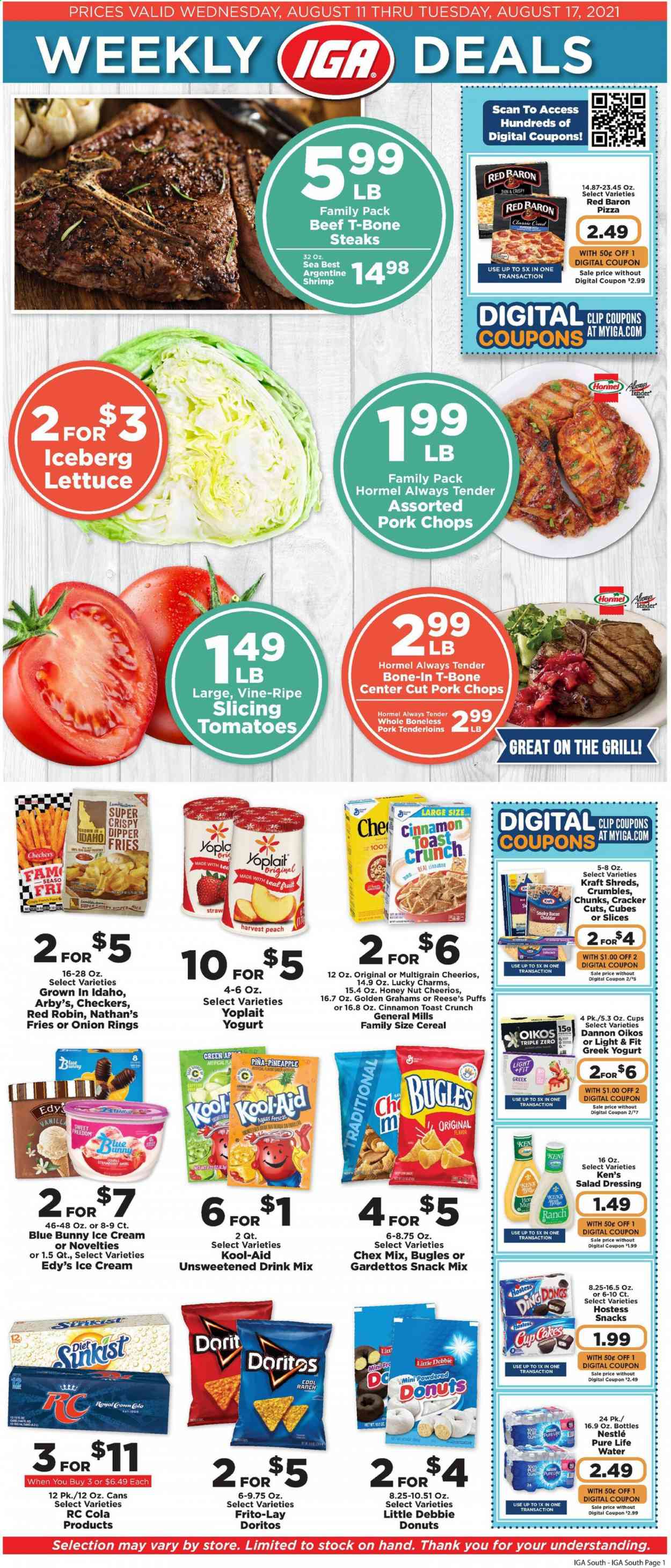 thumbnail - IGA Flyer - 08/11/2021 - 08/17/2021 - Sales products - cupcake, puffs, donut, lettuce, pineapple, shrimps, pizza, onion rings, Kraft®, Hormel, bacon, Colby cheese, cheddar, greek yoghurt, yoghurt, Oikos, Yoplait, Dannon, ice cream, Reese's, Ola, Blue Bunny, potato fries, Red Baron, Nestlé, snack, crackers, Doritos, Frito-Lay, Chex Mix, cereals, Cheerios, cinnamon, salad dressing, dressing, Pure Life Water, beef meat, t-bone steak, steak, pork chops, pork meat, pork tenderloin, Crest, cup, straw. Page 1.