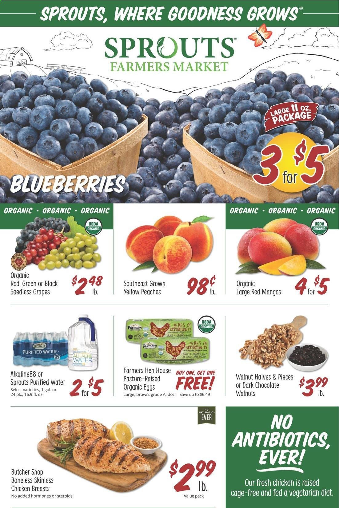 thumbnail - Sprouts Flyer - 08/11/2021 - 08/17/2021 - Sales products - seedless grapes, blueberries, grapes, eggs, cage free eggs, chocolate, Ego, walnuts, purified water, chicken breasts, peaches. Page 1.
