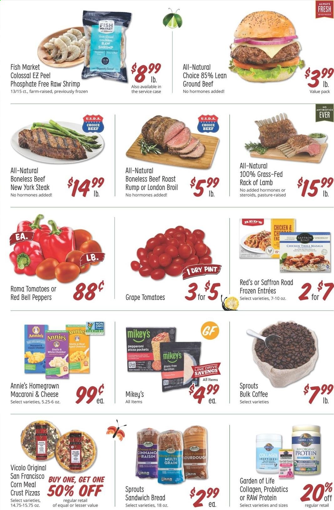 thumbnail - Sprouts Flyer - 08/11/2021 - 08/17/2021 - Sales products - bread, tortillas, bell peppers, corn, peppers, shrimps, macaroni & cheese, pizza, Tikka Masala, Annie's, pepperoni, coffee, beef meat, ground beef, steak, roast beef, lamb meat, rack of lamb, probiotics. Page 2.