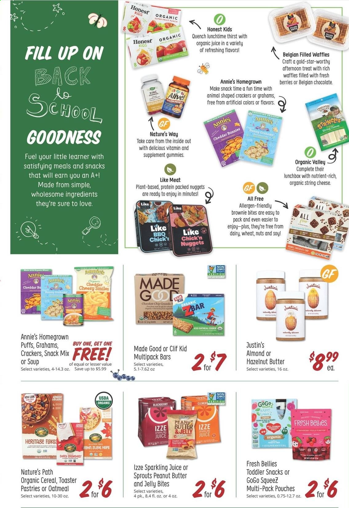 thumbnail - Sprouts Flyer - 08/11/2021 - 08/17/2021 - Sales products - puffs, brownies, waffles, soup, nuggets, Annie's, string cheese, cheese, chocolate chips, jelly, crackers, oatmeal, cereals, peanut butter, juice, sparkling juice, punch, Alive!. Page 3.