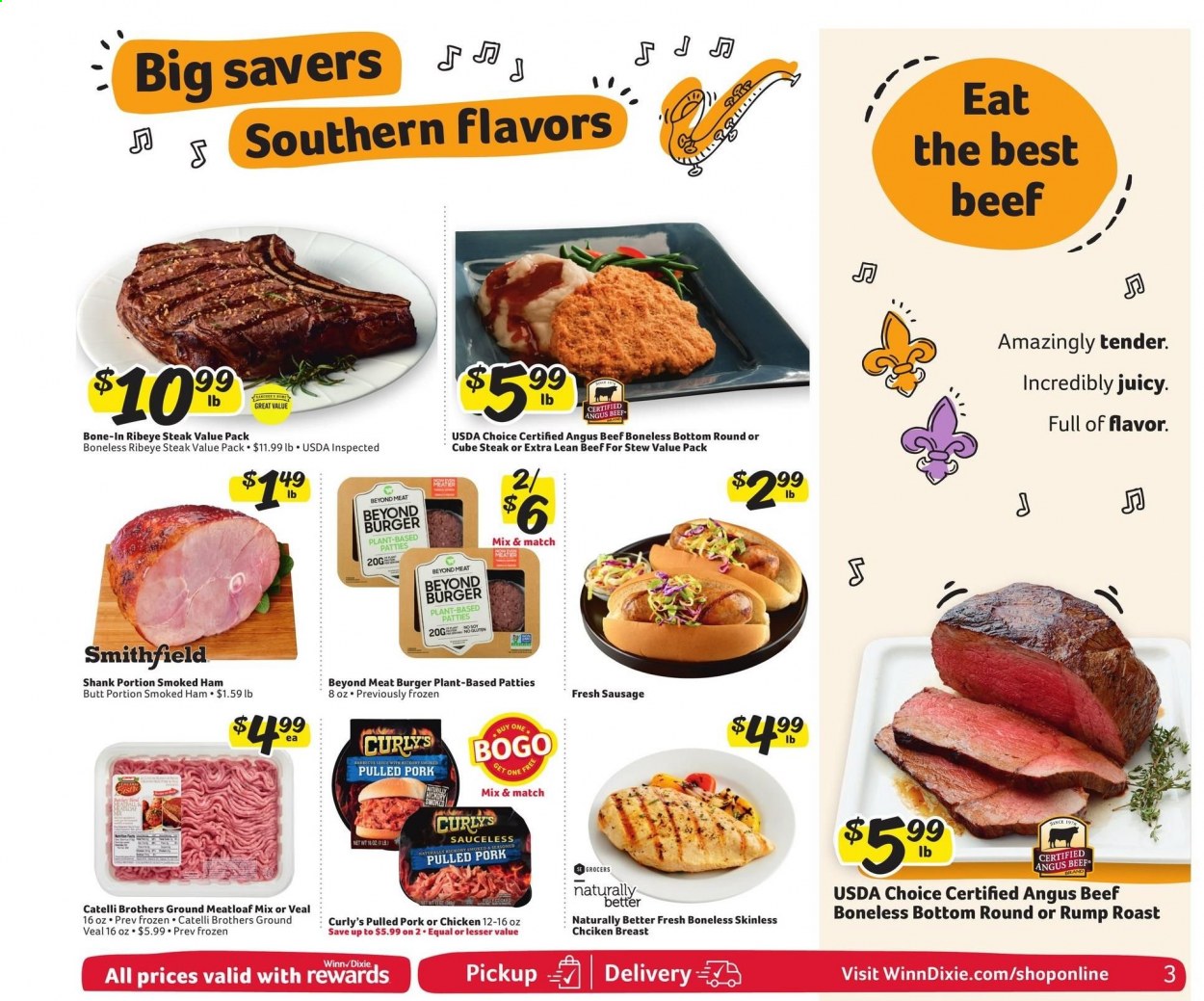 thumbnail - Winn Dixie Flyer - 08/11/2021 - 08/17/2021 - Sales products - hamburger, meatloaf, pulled pork, ham, smoked ham, sausage, beef meat, beef steak, ground veal, veal meat, steak, bone-in ribeye, ribeye steak, pork meat, beef bone. Page 3.