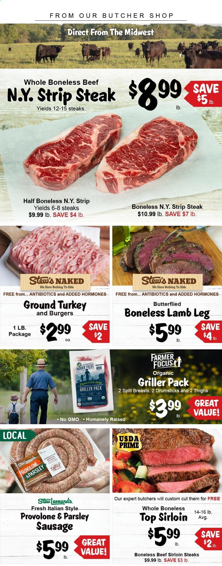 thumbnail - Stew Leonard's Flyer - 08/11/2021 - 08/17/2021 - Sales products - parsley, ground turkey, beef meat, beef sirloin, steak, sirloin steak, striploin steak, hamburger, lamb meat, lamb leg, sausage, Provolone. Page 1.