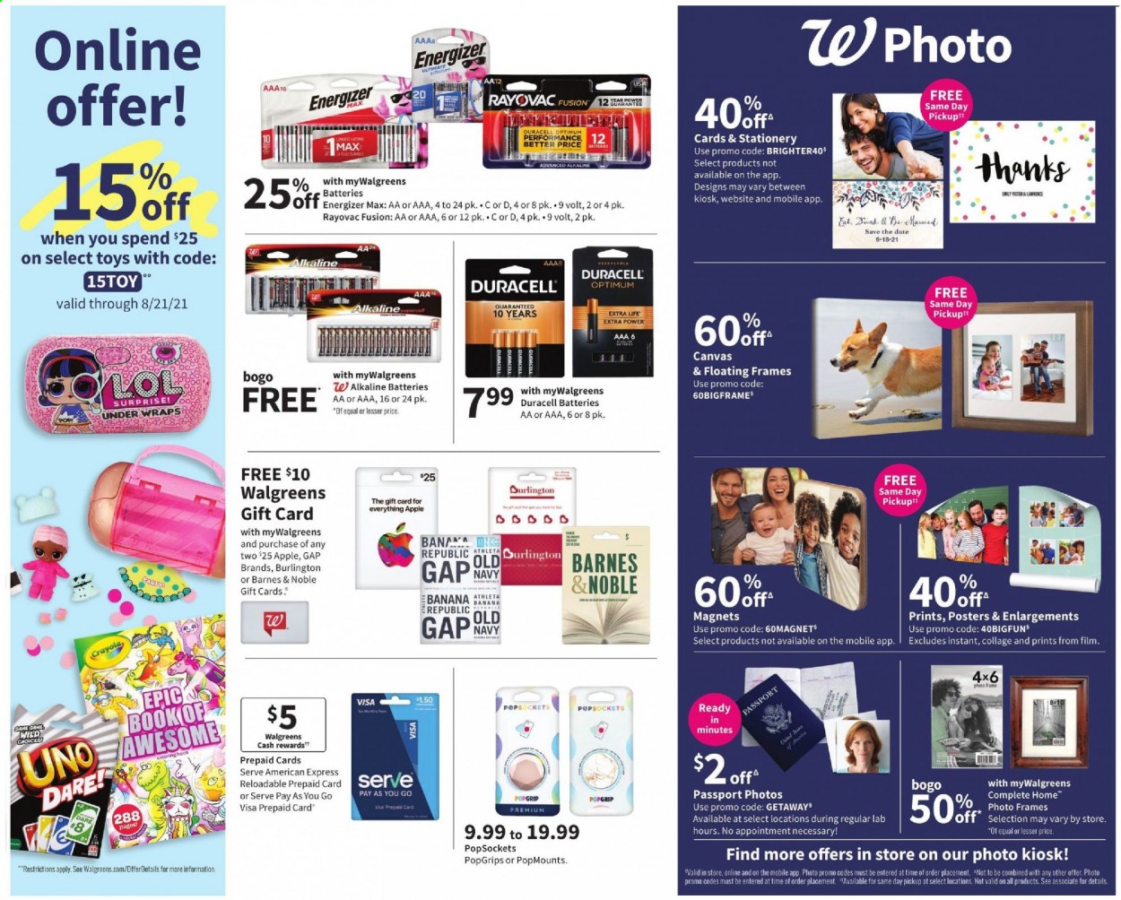 thumbnail - Walgreens Flyer - 08/15/2021 - 08/21/2021 - Sales products - Athleta, wraps, crayons, stationery product, photo frame, canvas, coloring book, battery, Duracell, Energizer, aa batteries, alkaline batteries, Optimum, Apple. Page 9.