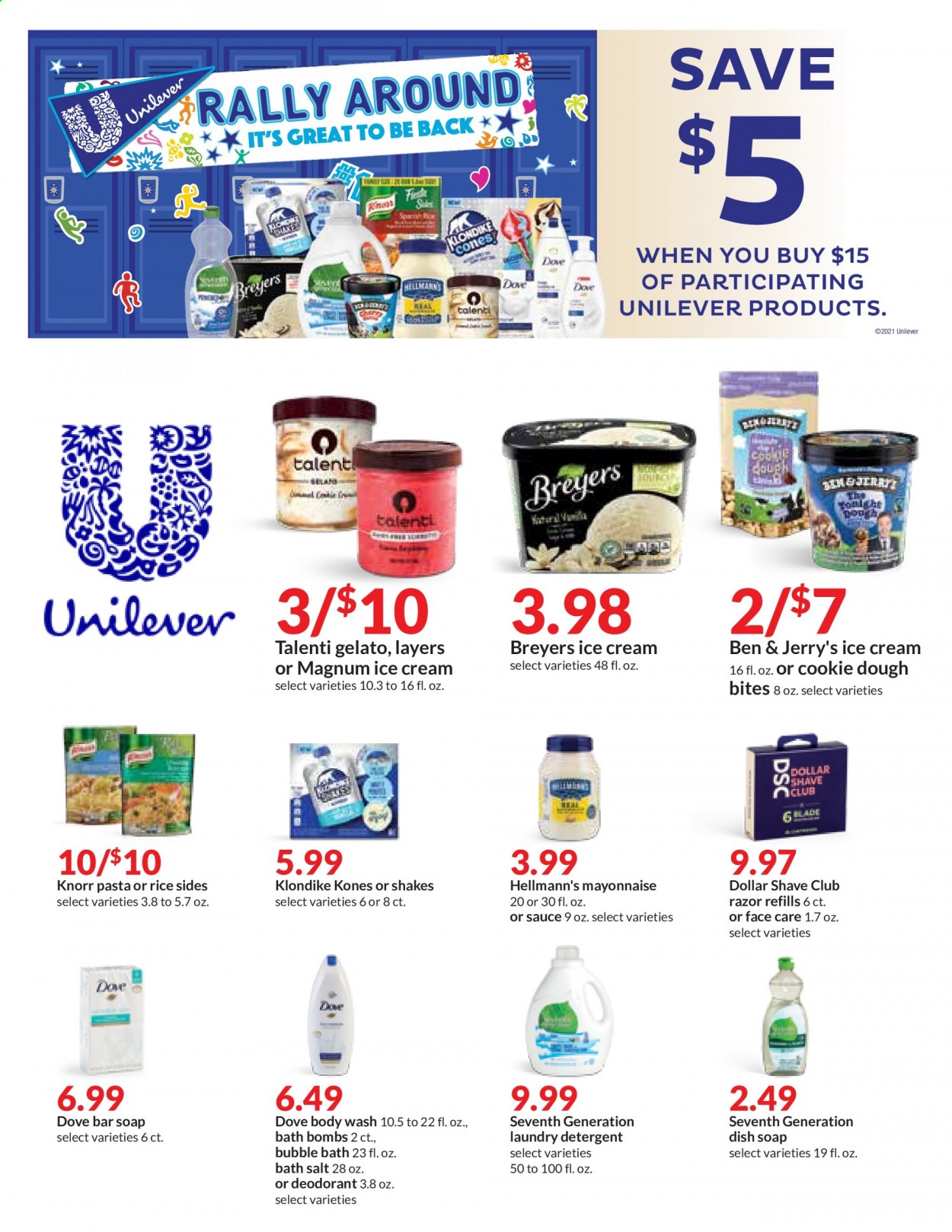 thumbnail - Hy-Vee Flyer - 08/11/2021 - 08/17/2021 - Sales products - Knorr, shake, mayonnaise, Hellmann’s, Magnum, ice cream, Ben & Jerry's, Talenti Gelato, gelato, cookie dough, rice, Dove, detergent, laundry detergent, bath salt, body wash, soap bar, soap, Dollar Shave Club, anti-perspirant, deodorant, razor. Page 20.