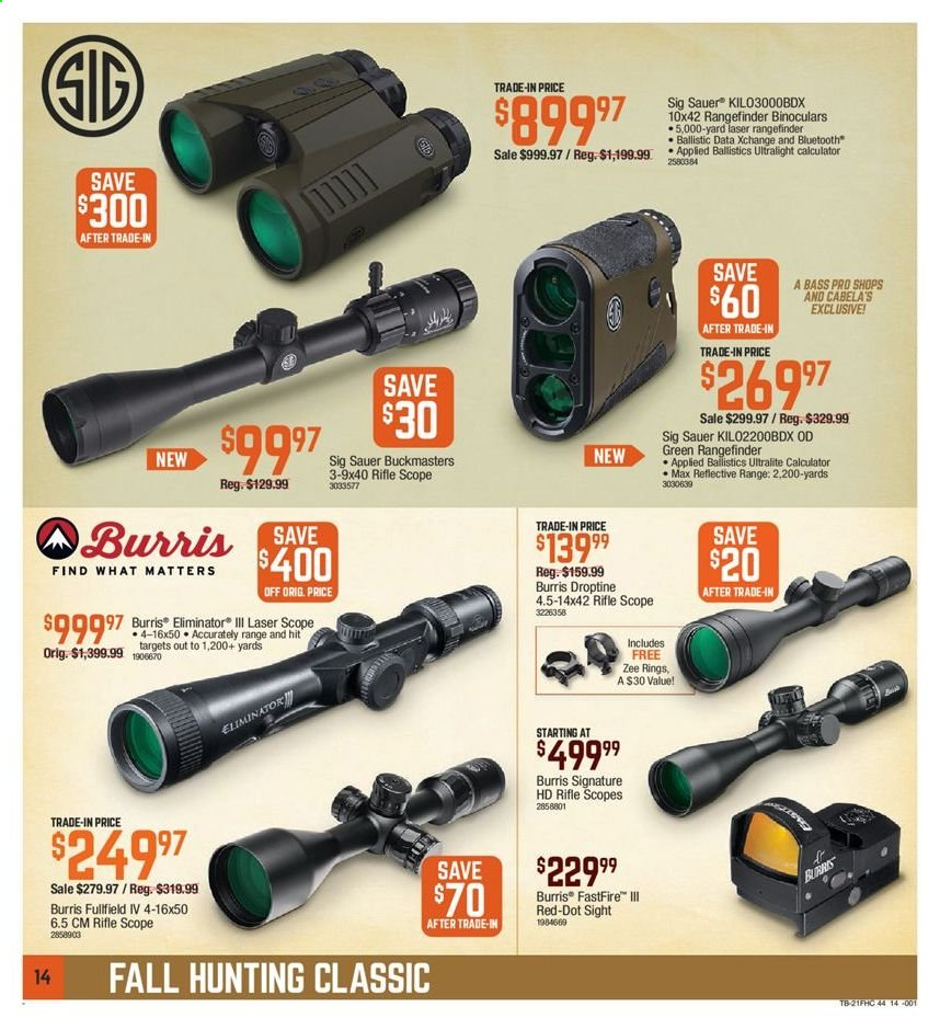 thumbnail - Cabela's Flyer - 08/19/2021 - 09/08/2021 - Sales products - Bass Pro, binoculars, red dot sight, riflescope, SIG Sauer, scope. Page 14.