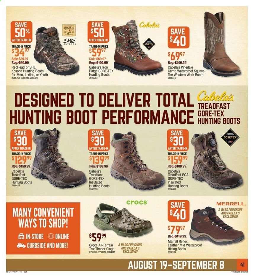 thumbnail - Cabela's Flyer - 08/19/2021 - 09/08/2021 - Sales products - boots, clogs, hunting boots, Bass Pro. Page 41.