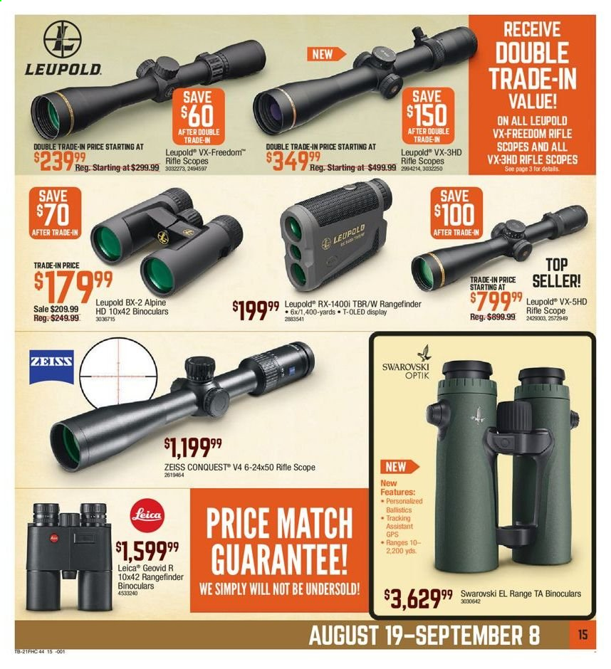 thumbnail - Bass Pro Shops Flyer - 08/19/2021 - 09/08/2021 - Sales products - Swarovski, binoculars, Leupold, riflescope, scope. Page 15.