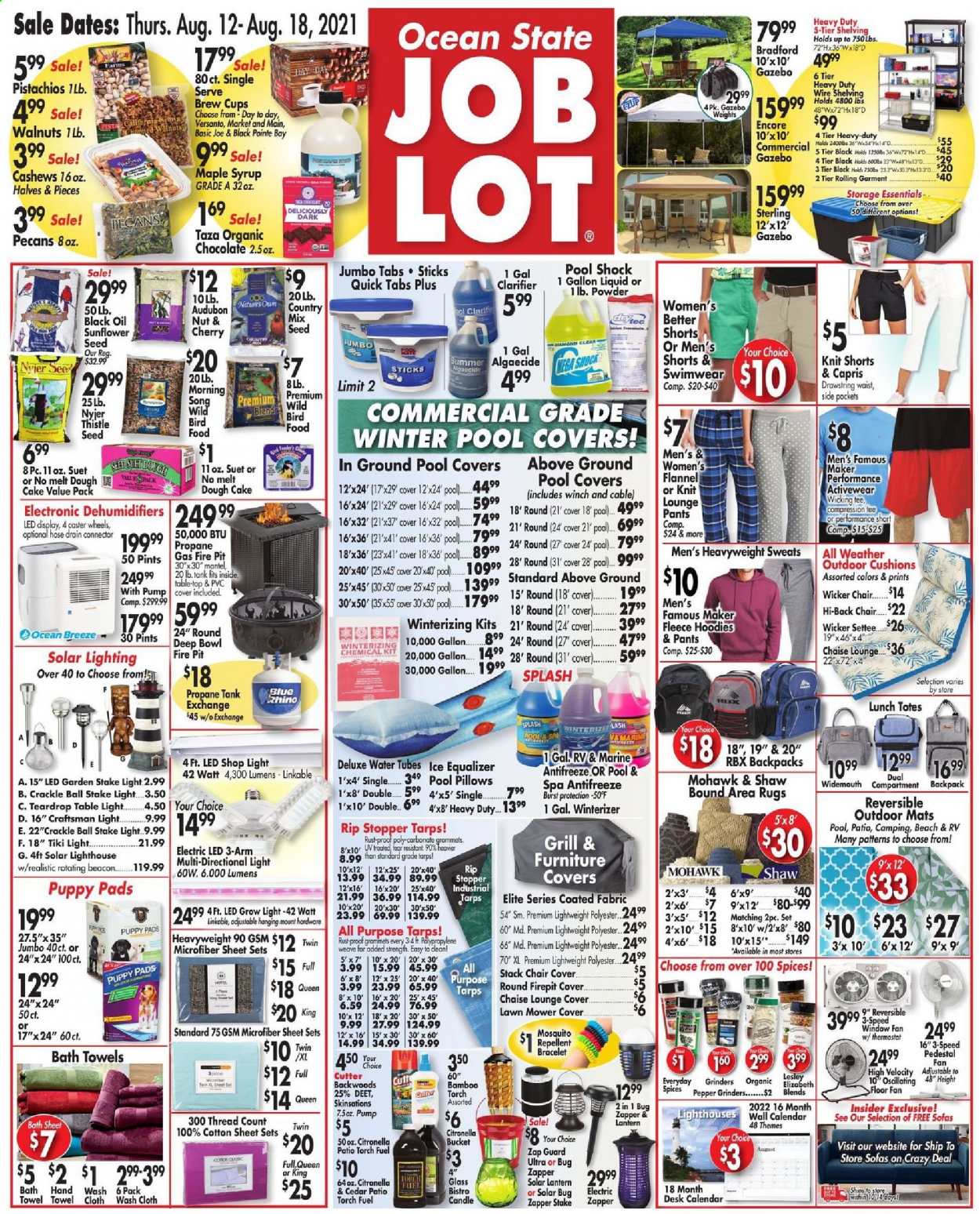 thumbnail - Ocean State Job Lot Flyer - 08/12/2021 - 08/18/2021 - Sales products - RBX, oil, Rin, hand wash, cup, candle, cushion, pillow, bath towel, towel, washcloth, tank, puppy pads, animal food, bird food, suet, plant seeds, stand fan, window fan, tote, lantern, shorts, pants, hoodie, swimming suit, torch, tarps, shop light, rug, area rug, Craftsman, lawn mower, propane tank, gazebo, grill, fire bowl, pool, pump, garden stake, antifreeze. Page 1.