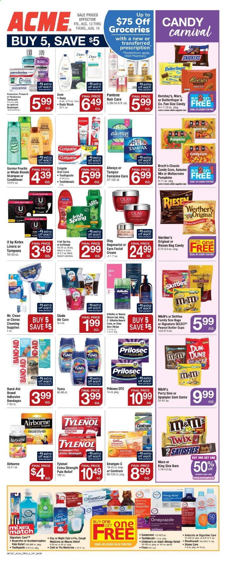 thumbnail - ACME Flyer - 08/13/2021 - 08/19/2021 - Sales products - corn, pumpkin, Reese's, Hershey's, snack, Snickers, Twix, Mars, M&M's, Skittles, peanut butter cups, Dove, Clorox, body wash, shampoo, Softsoap, soap, Colgate, Listerine, toothbrush, toothpaste, Sensodyne, mouthwash, Tampax, Kotex, tampons, Garnier, Olay, conditioner, Pantene, Fructis, Gillette, shave gel, Venus, wax strips, Glade, pain relief, Tylenol, vitamin c, Ibuprofen, Emergen-C, Centrum, allergy relief. Page 4.