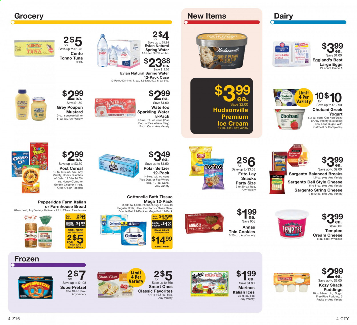 thumbnail - Fairway Market Flyer - 08/13/2021 - 08/19/2021 - Sales products - bread, cherries, coconut, tuna, cream cheese, string cheese, cheese, Sargento, Oreo, yoghurt, Chobani, rice pudding, large eggs, ice cream, SuperPretzel, cookies, snack, peanut butter cups, Lay’s, Thins, oatmeal, cereals, Fruity Pebbles, mustard, peanut butter, seltzer water, spring water, sparkling water, Evian. Page 4.