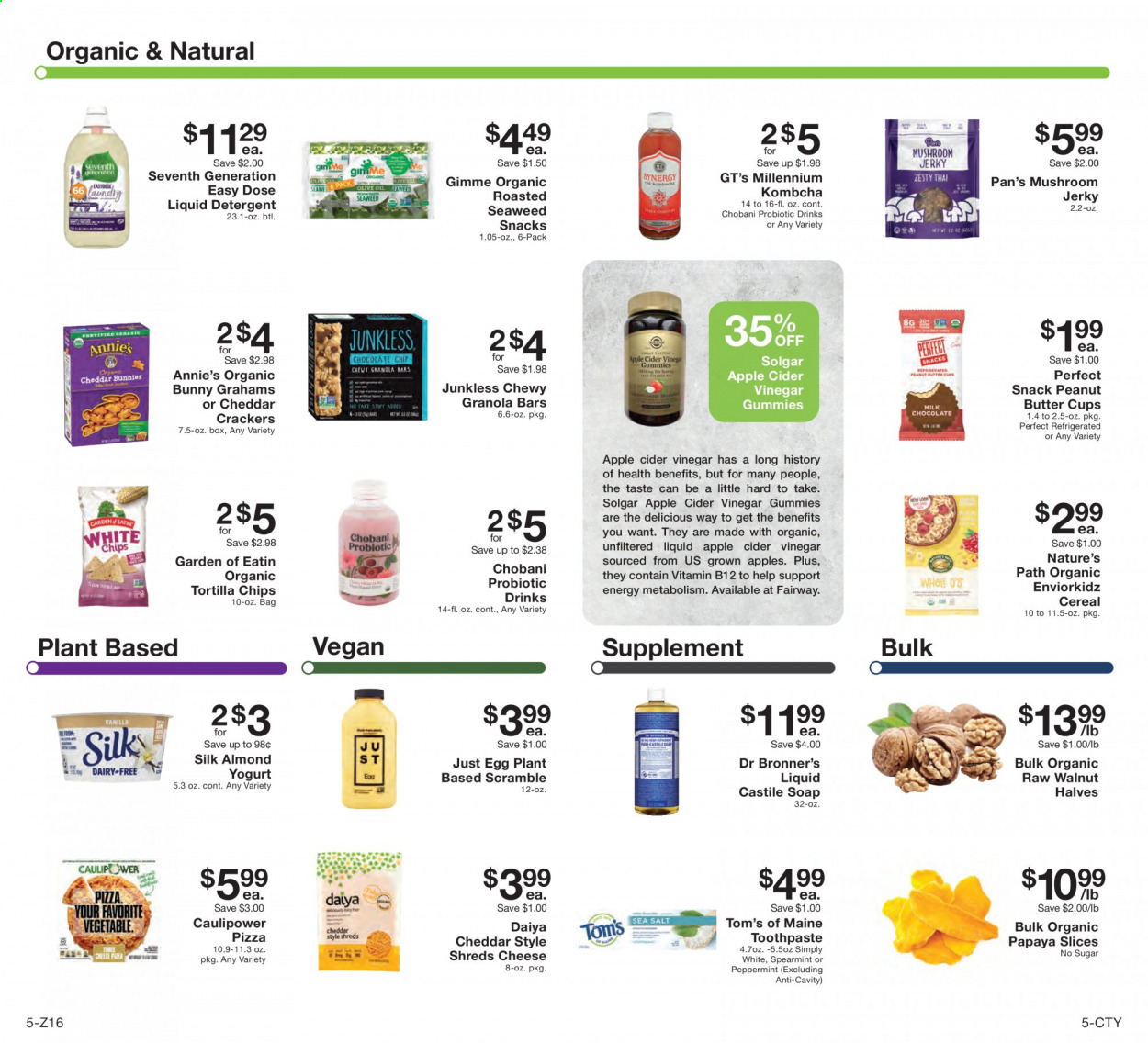 thumbnail - Fairway Market Flyer - 08/13/2021 - 08/19/2021 - Sales products - papaya, pizza, Annie's, jerky, yoghurt, Chobani, milk, eggs, graham crackers, snack, crackers, peanut butter cups, tortilla chips, chips, cereals, granola bar, apple cider vinegar, olive oil, oil, walnuts. Page 5.