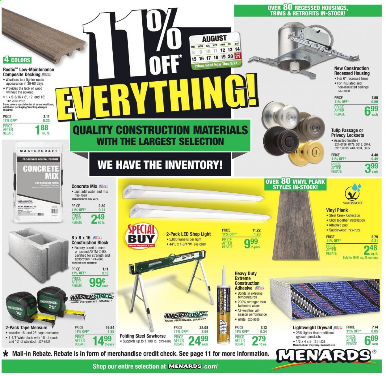 thumbnail - Menards Flyer - 08/12/2021 - 08/21/2021 - Sales products - adhesive, shop light, decking, construction block, concrete mix, lockset, measuring tape. Page 1.