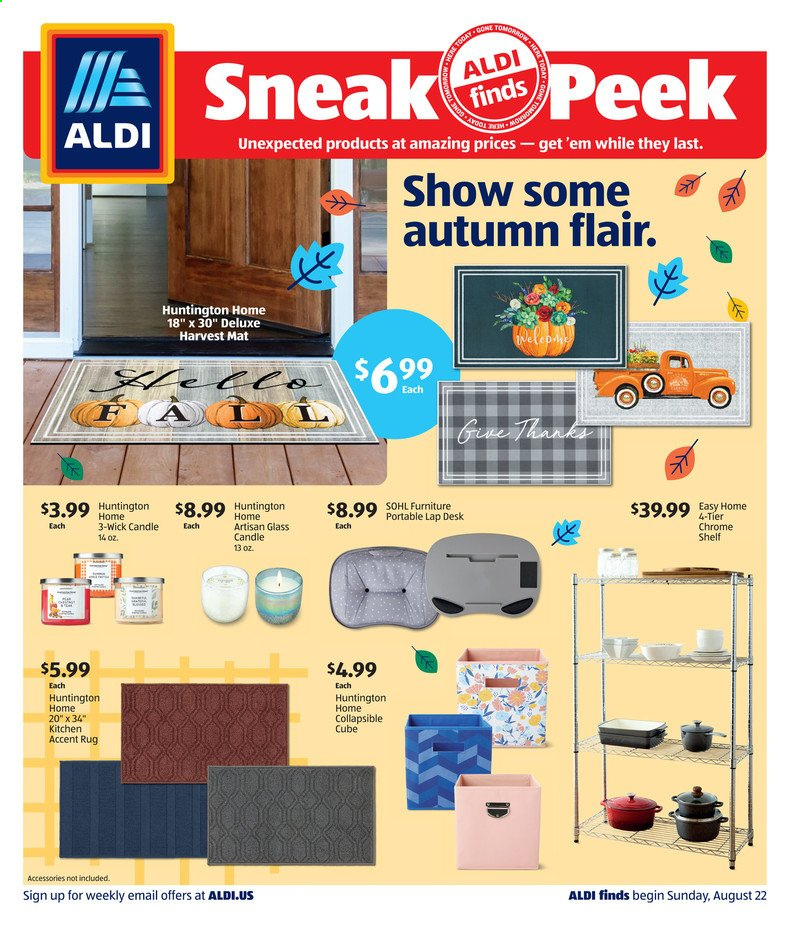 thumbnail - ALDI Flyer - 08/22/2021 - 08/28/2021 - Sales products - candle, lapdesk, rug. Page 1.