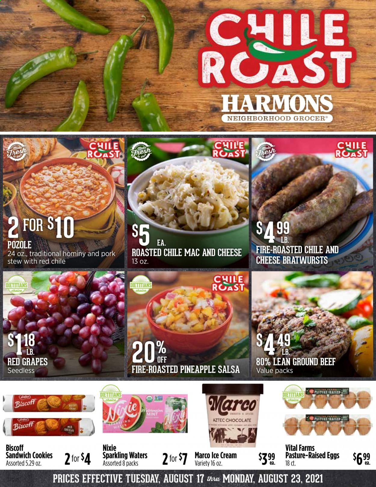 thumbnail - Harmons Flyer - 08/17/2021 - 08/23/2021 - Sales products - grapes, pineapple, macaroni & cheese, sandwich, eggs, ice cream, cookies, sandwich cookies, cocoa, salsa, beef meat, ground beef. Page 1.