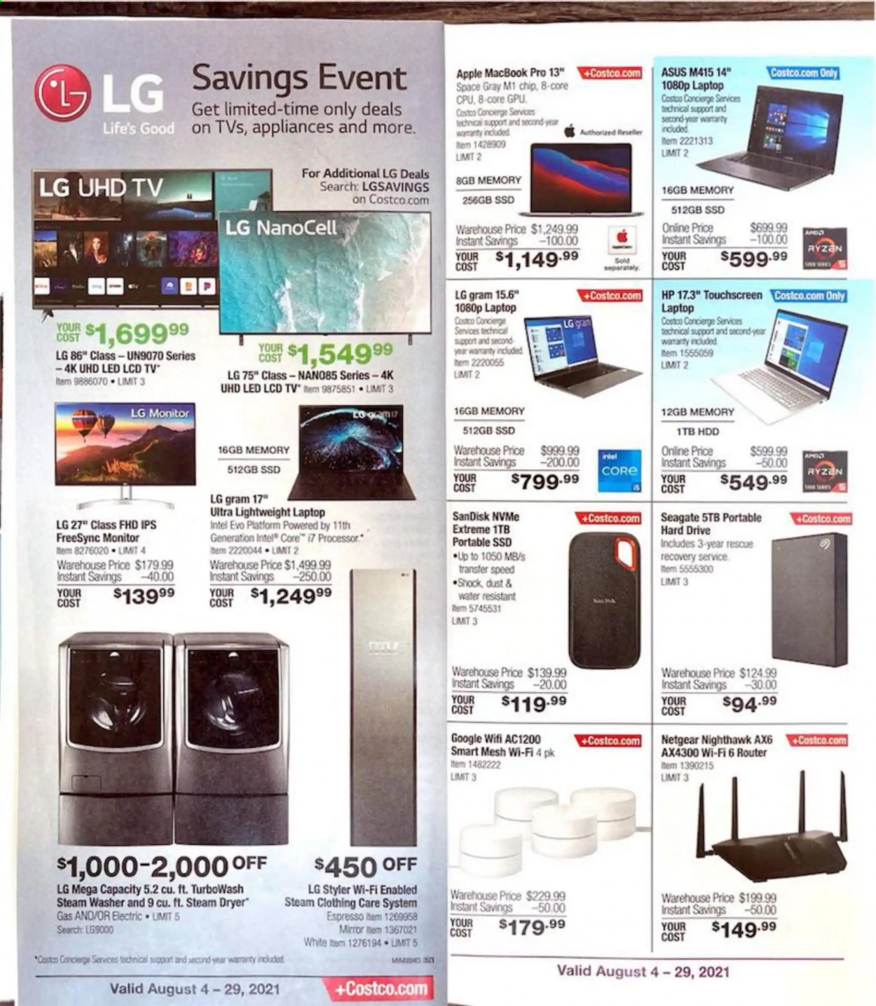 thumbnail - Costco Flyer - 08/04/2021 - 08/29/2021 - Sales products - mirror, Sandisk, LG, Intel, Apple, Asus, Hewlett Packard, router, laptop, MacBook, Seagate, hard disk, Netgear, portable hard drive, monitor, UHD TV, TV, washing machine. Page 1.