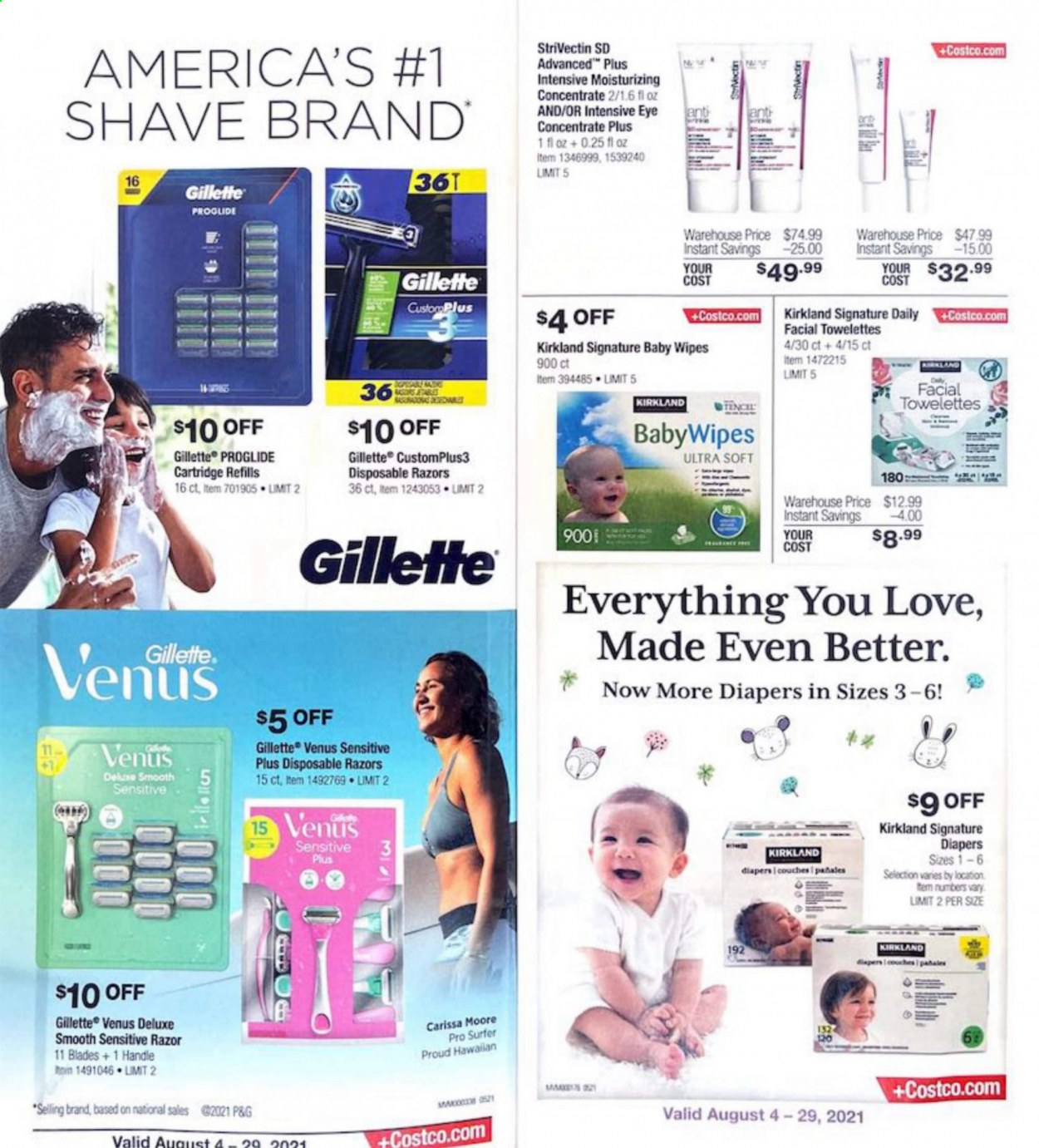 thumbnail - Costco Flyer - 08/04/2021 - 08/29/2021 - Sales products - wipes, baby wipes, nappies, Gillette, razor, Venus, disposable razor, cartridge. Page 2.
