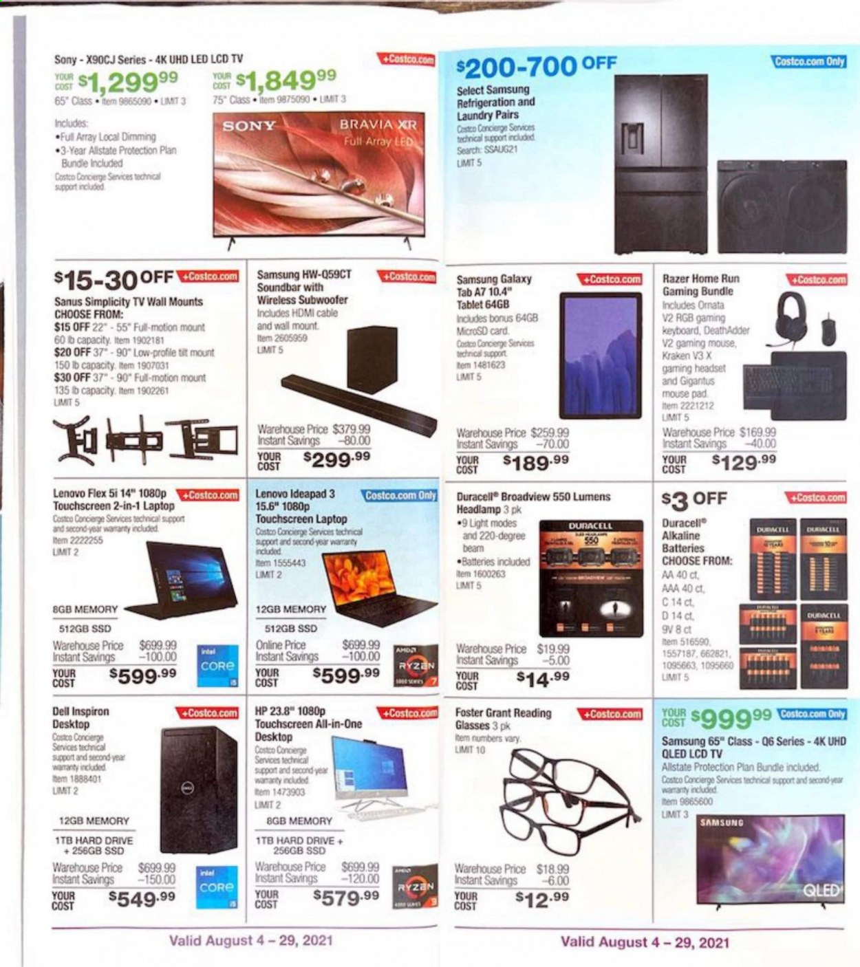thumbnail - Costco Flyer - 08/04/2021 - 08/29/2021 - Sales products - gaming keyboard, gaming mouse, Razer, Sony, gaming headset, Dell, Intel, Lenovo, tablet, Hewlett Packard, Samsung Galaxy, Samsung Galaxy Tab, tea, Duracell, keyboard, mouse, Samsung, laptop, Inspiron, touchscreen laptop, Ryzen, hard disk, mouse pad, HDMI cable, TV, subwoofer, wireless subwoofer, sound bar, headset, headlamp. Page 6.