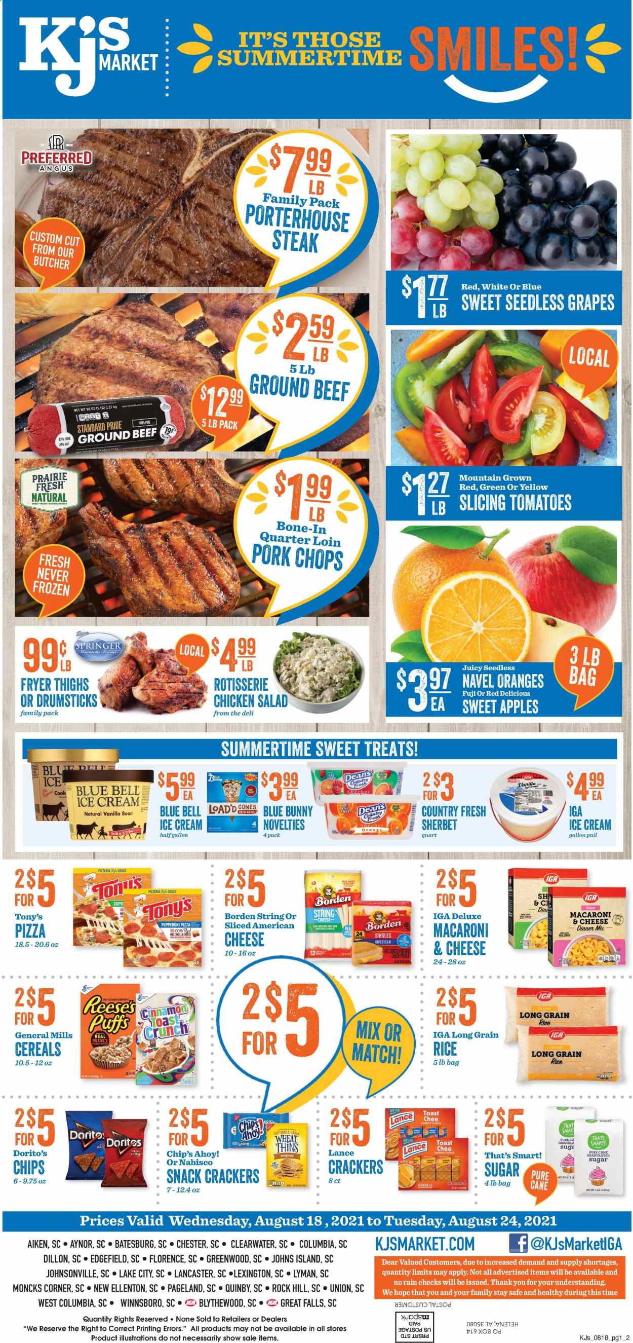 thumbnail - KJ´s Market Flyer - 08/18/2021 - 08/24/2021 - Sales products - seedless grapes, puffs, corn, salad, apples, grapes, Red Delicious apples, oranges, pizza, chicken roast, Johnsonville, pepperoni, chicken salad, ice cream, sherbet, Reese's, Blue Bell, Blue Bunny, Macaroni & Cheese Pizza, snack, crackers, Thins, sugar, cereals, rice, long grain rice, cinnamon, peanut butter, beef meat, ground beef, steak, pork chops, pork meat, calcium. Page 1.