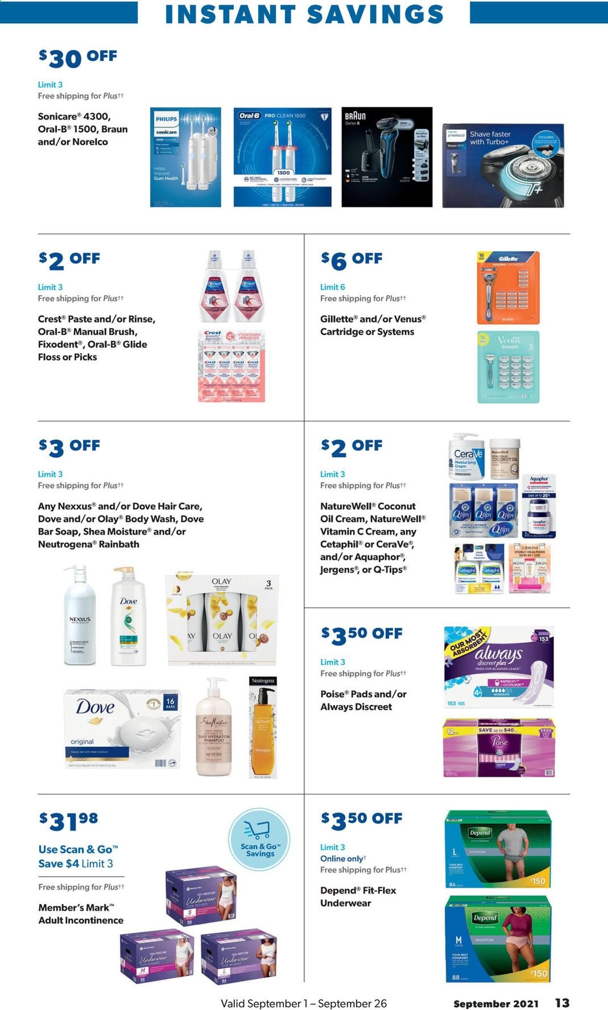 thumbnail - Sam's Club Flyer - 09/01/2021 - 09/26/2021 - Sales products - Philips, coconut, oil, Aquaphor, Dove, body wash, soap bar, soap, Oral-B, Fixodent, Crest, Always Discreet, CeraVe, Neutrogena, Olay, Nexxus, Jergens, Gillette, Venus, brush, Braun, Sonicare, Norelco, cartridge, vitamin c. Page 13.