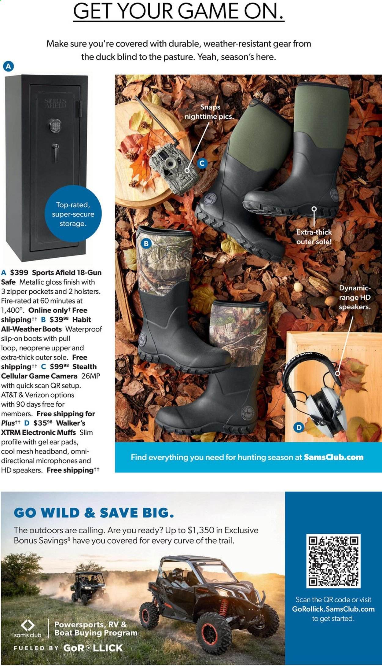 thumbnail - Sam's Club Flyer - 09/01/2021 - 09/26/2021 - Sales products - game cam, boots, slip-on shoes, camera, speaker, boat, neoprene, gun safe. Page 46.