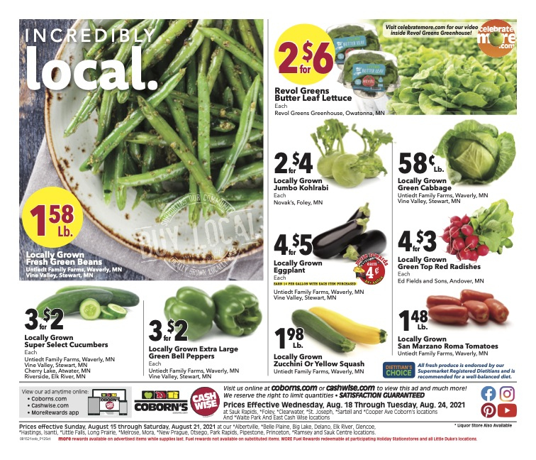 thumbnail - Coborn's Flyer - 08/18/2021 - 08/24/2021 - Sales products - kohlrabi, beans, bell peppers, cabbage, cucumber, green beans, radishes, tomatoes, zucchini, lettuce, peppers, eggplant, yellow squash, cherries, butter. Page 12.