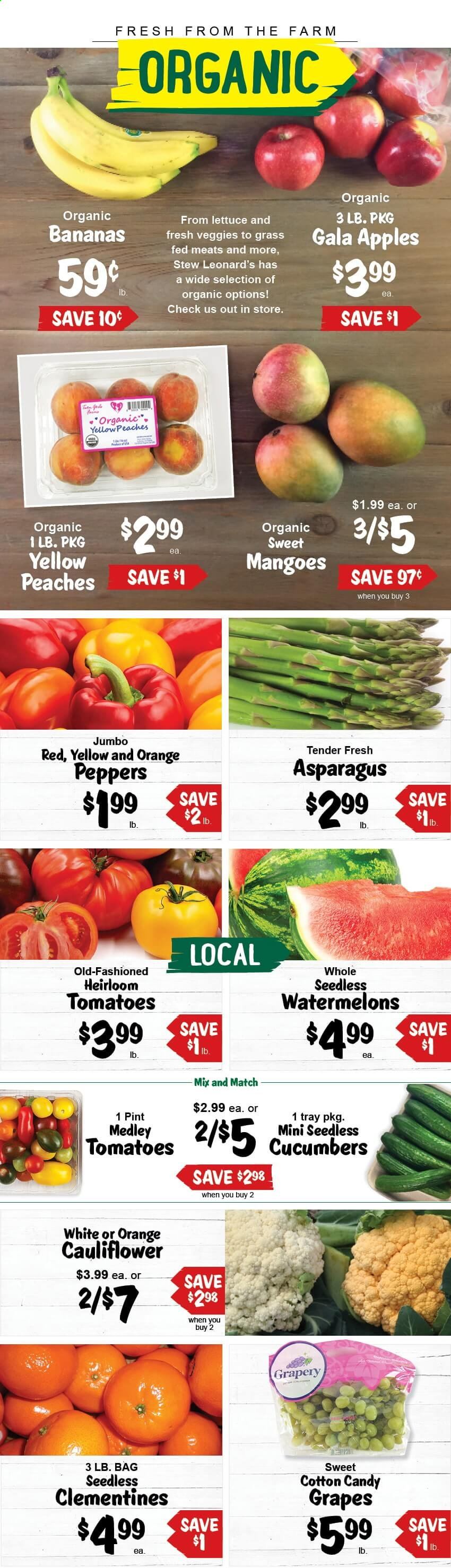 thumbnail - Stew Leonard's Flyer - 08/18/2021 - 08/24/2021 - Sales products - asparagus, cauliflower, cucumber, tomatoes, lettuce, peppers, apples, bananas, Gala, grapes, oranges, cotton candy, clementines, peaches. Page 1.