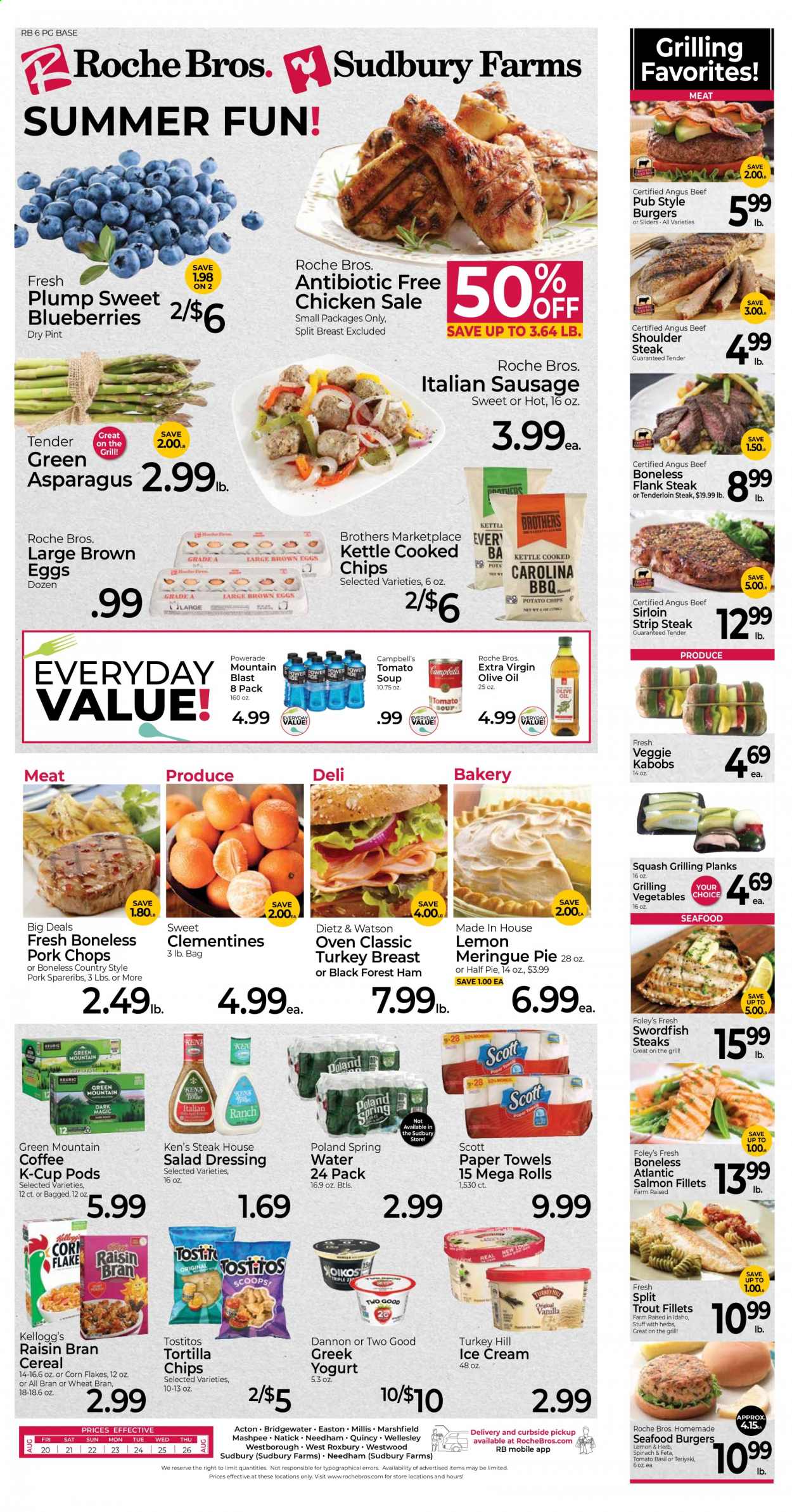 thumbnail - Roche Bros. Flyer - 08/20/2021 - 08/26/2021 - Sales products - pie, asparagus, blueberries, salmon, salmon fillet, swordfish, trout, seafood, Campbell's, tomato soup, soup, hamburger, ham, Dietz & Watson, sausage, italian sausage, greek yoghurt, yoghurt, Dannon, eggs, ice cream, Kellogg's, tortilla chips, chips, Tostitos, cereals, corn flakes, Raisin Bran, All-Bran, esponja, salad dressing, dressing, extra virgin olive oil, olive oil, oil, Powerade, coffee, coffee capsules, K-Cups, Green Mountain, beef meat, beef sirloin, steak, striploin steak, flank steak, pork chops, pork meat, pork spare ribs, Scott, kitchen towels, paper towels, clementines. Page 1.