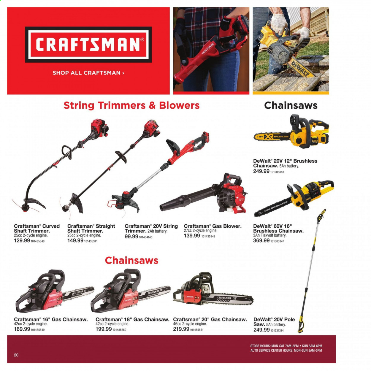 thumbnail - Fleet Farm Flyer - 08/20/2021 - 10/31/2021 - Sales products - DeWALT, trimmer, battery, Craftsman, chain saw, saw, string trimmer, blower. Page 20.