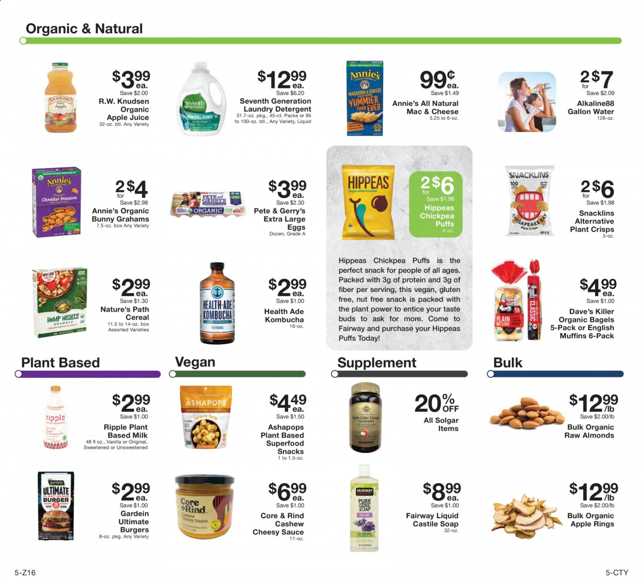 thumbnail - Fairway Market Flyer - 08/20/2021 - 08/26/2021 - Sales products - bagels, english muffins, puffs, hamburger, sauce, Annie's, milk, large eggs, graham crackers, snack, cereals, almonds, apple juice, juice, kombucha. Page 5.