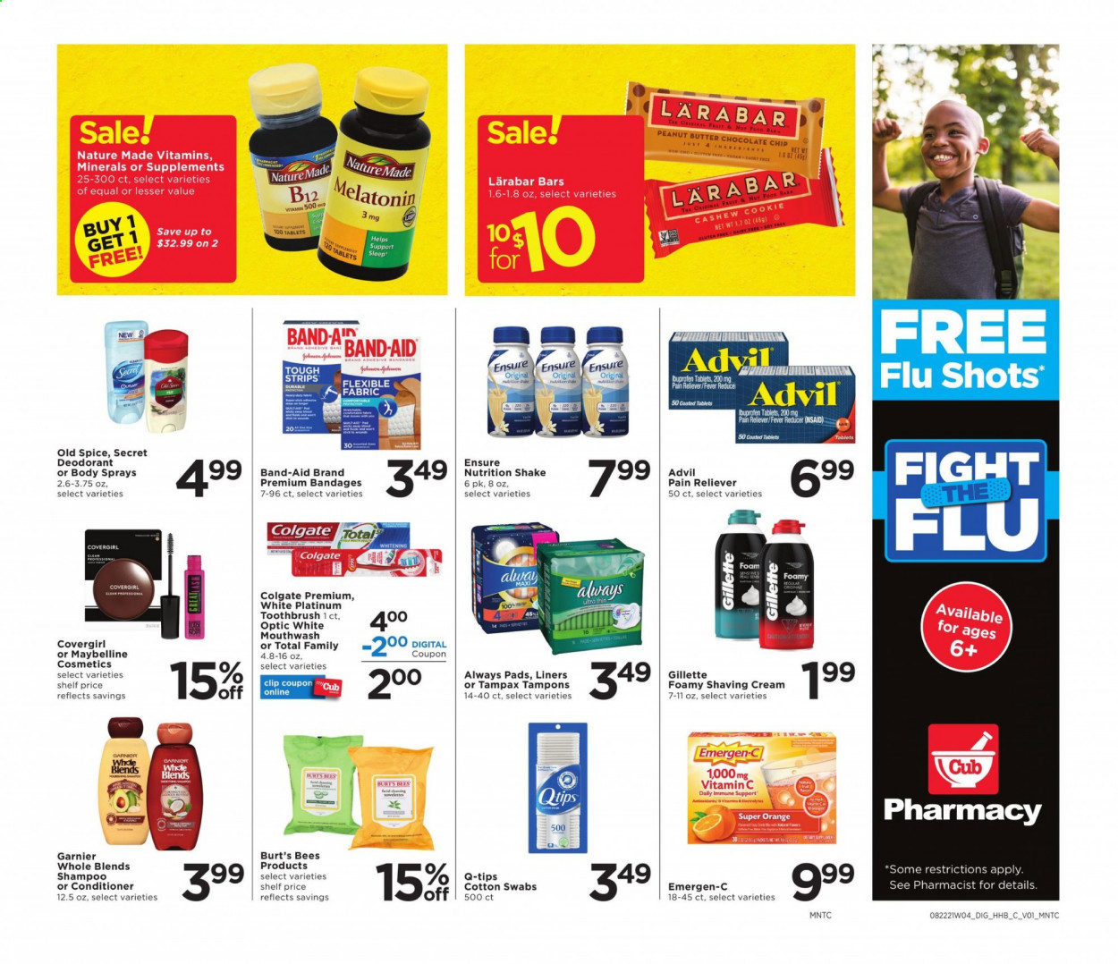 thumbnail - Cub Foods Flyer - 08/22/2021 - 08/28/2021 - Sales products - oranges, shake, strips, chocolate chips, spice, peanut butter, shampoo, Old Spice, Colgate, toothbrush, mouthwash, Tampax, Always pads, tampons, Garnier, conditioner, anti-perspirant, deodorant, Gillette, Nature Made, vitamin c, Ibuprofen, Advil Rapid, Emergen-C. Page 9.
