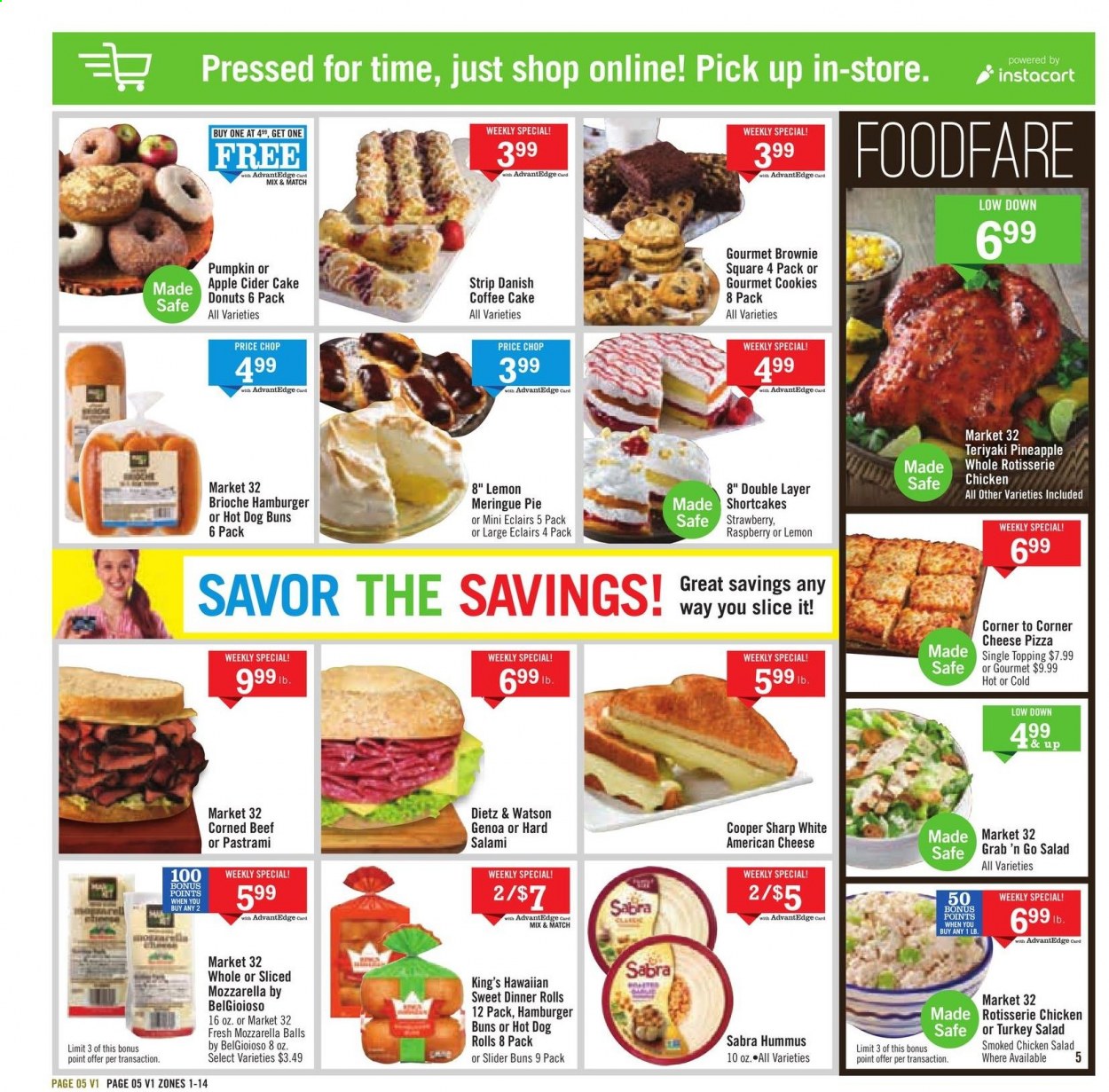 thumbnail - Price Chopper Flyer - 08/22/2021 - 08/28/2021 - Sales products - hot dog rolls, cake, pie, dinner rolls, buns, burger buns, brioche, brownies, donut, coffee cake, pumpkin, salad, pineapple, pizza, chicken roast, salami, pastrami, Dietz & Watson, hummus, chicken salad, corned beef, american cheese, cookies, topping, apple cider, cider, beef meat. Page 5.