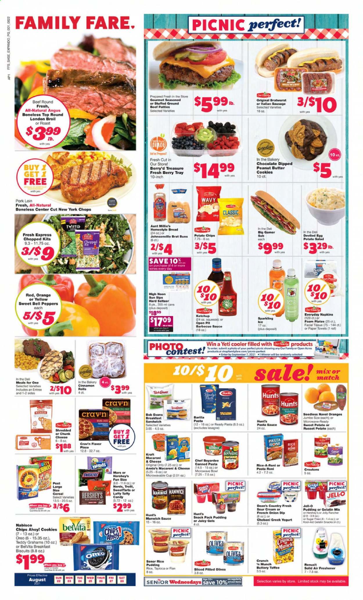 thumbnail - Family Fare Flyer - 08/22/2021 - 08/28/2021 - Sales products - bread, buns, bell peppers, russet potatoes, sweet potato, salad, peppers, oranges, macaroni & cheese, pizza, pasta sauce, sauce, Barilla, Annie's, Kraft®, Bob Evans, Johnsonville, bratwurst, sausage, italian sausage, potato salad, chunk cheese, greek yoghurt, Oreo, yoghurt, Chobani, rice pudding, eggs, sour cream, dip, Reese's, Hershey's, cookies, chocolate, butter cookies, Trolli, Mars, toffee, biscuit, Chips Ahoy!, potato chips, chips, croutons, Jell-O, olives, Manwich, Chef Boyardee, cereals, belVita, penne, cinnamon, BBQ sauce, ketchup, Hard Seltzer, beef meat, ground beef, pork loin, pork meat, tissues, kitchen towels, paper towels, plate, cup, Renuzit, air freshener, foam plates, navel oranges. Page 1.