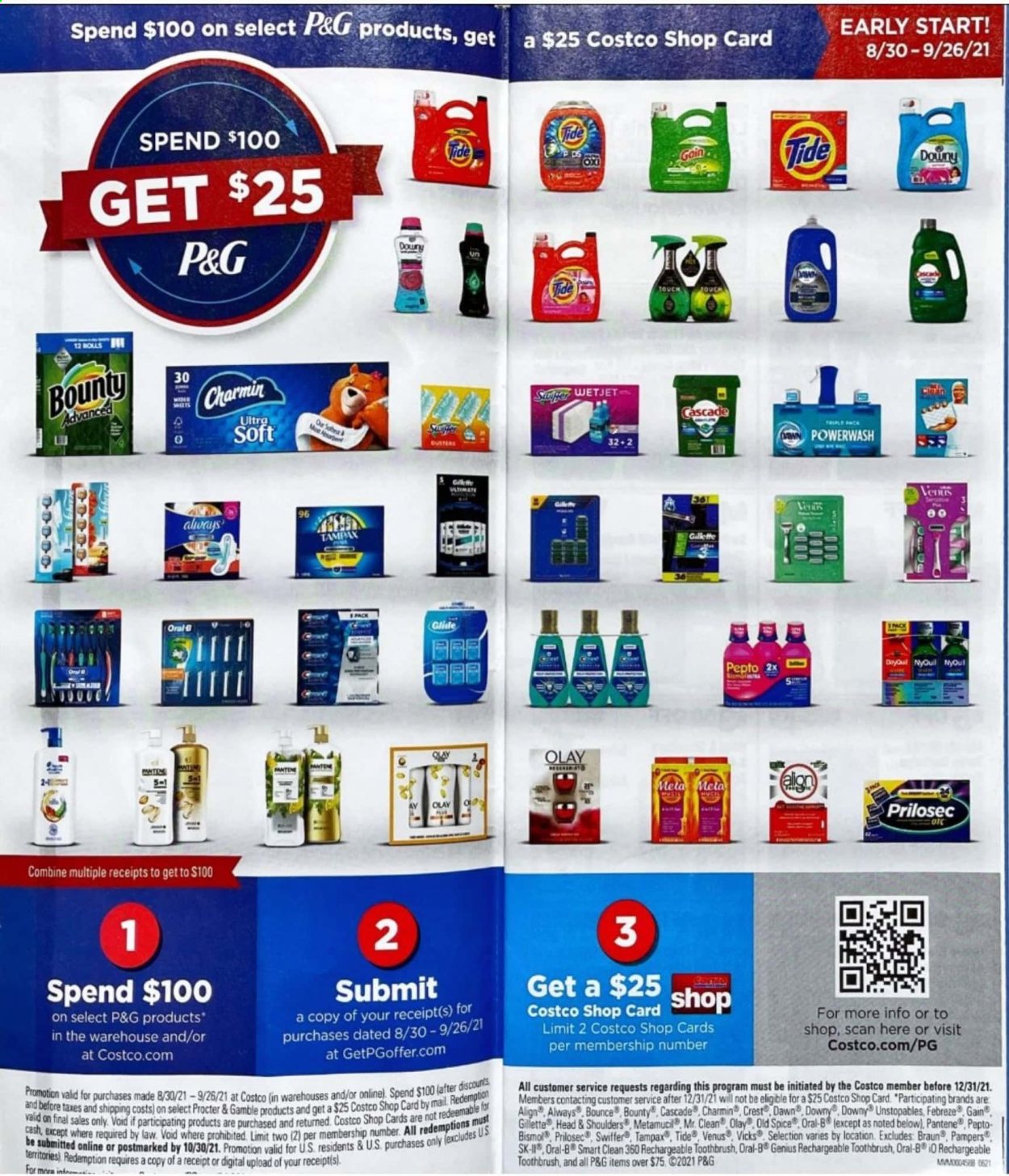 thumbnail - Costco Flyer - Sales products - Bounty, spice, Pampers, Charmin, Febreze, Gain, Swiffer, Cascade, Tide, Unstopables, Bounce, Old Spice, toothbrush, Oral-B, Crest, Tampax, Olay, Head & Shoulders, Pantene, Gillette, Venus, Vicks, WetJet, Braun, Metamucil. Page 2.