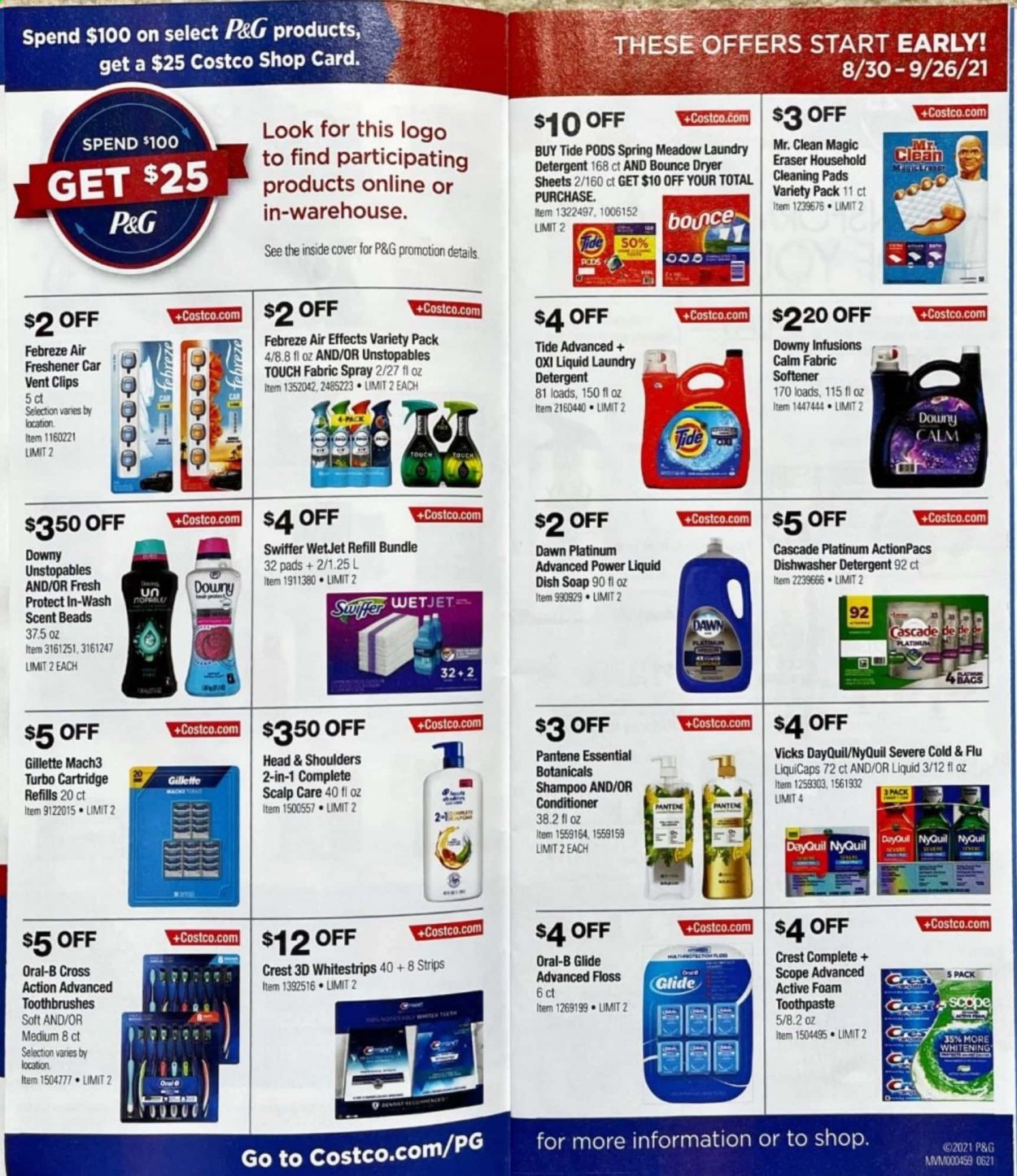 thumbnail - Costco Flyer - Sales products - strips, detergent, Febreze, Swiffer, cleaning pad, Cascade, Tide, Unstopables, fabric softener, laundry detergent, Bounce, dryer sheets, Downy Laundry, shampoo, soap, Oral-B, toothpaste, Crest, conditioner, Head & Shoulders, Pantene, Gillette, Vicks, bag, WetJet, eraser, air freshener, cartridge, scope, tong, DayQuil, Cold & Flu, NyQuil. Page 3.
