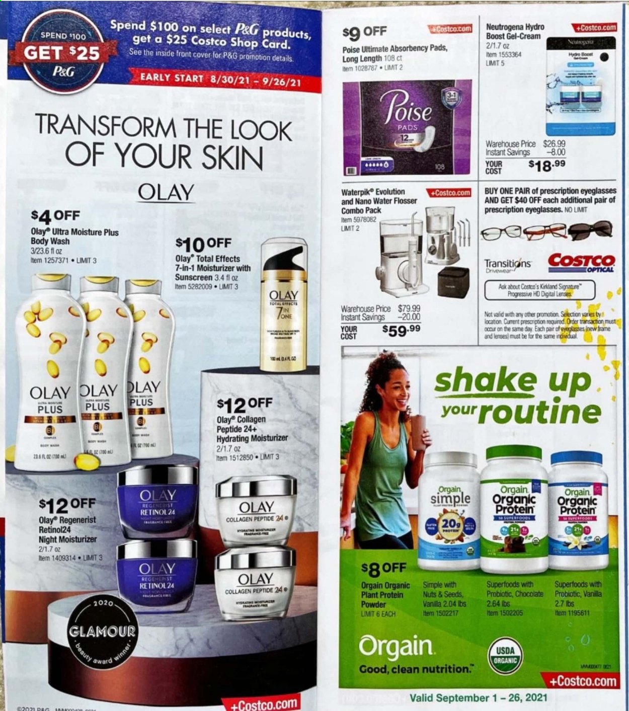 thumbnail - Costco Flyer - Sales products - shake, chocolate, plant protein, Boost, body wash, moisturizer, Neutrogena, Olay, lenses, eye glasses, Plus Plus, whey protein. Page 4.