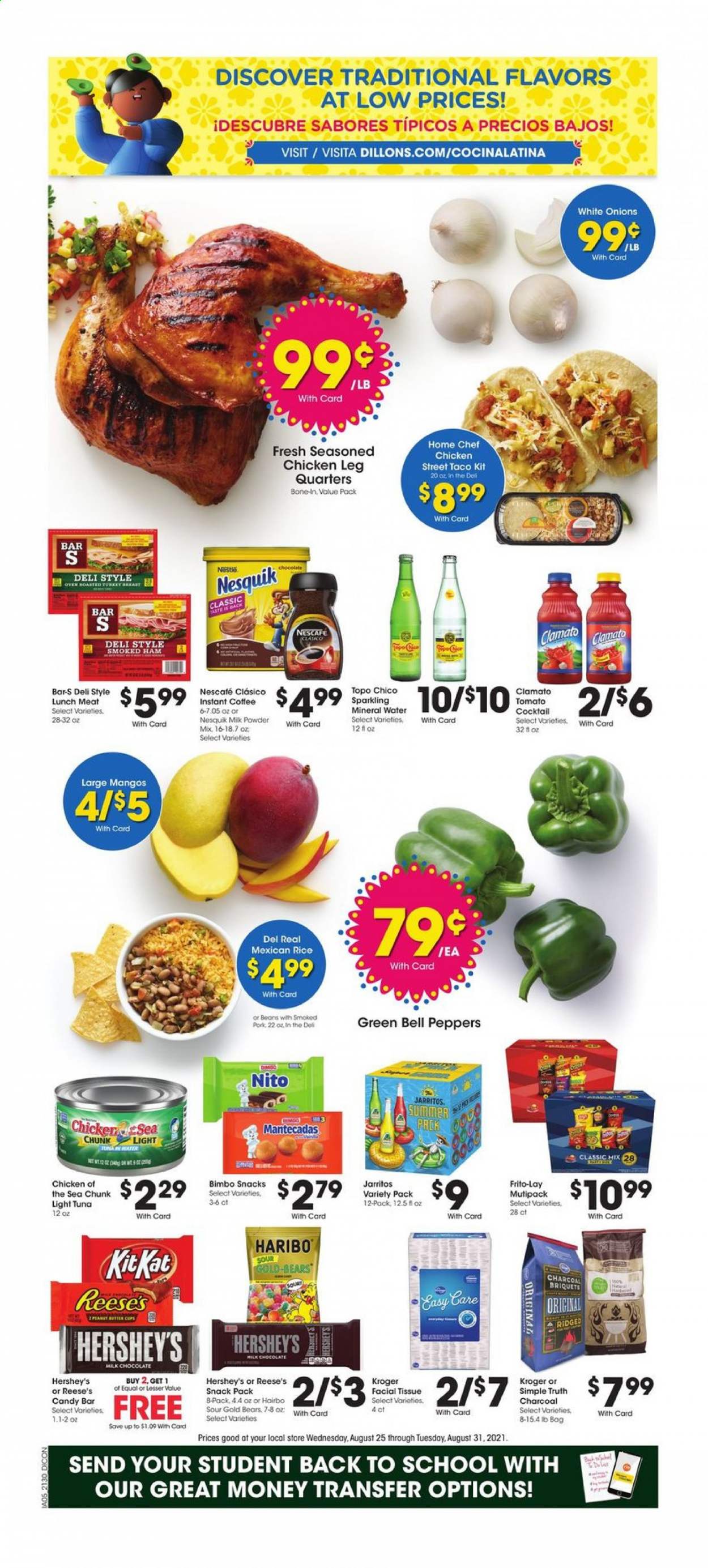 thumbnail - Baker's Flyer - 08/25/2021 - 08/31/2021 - Sales products - bell peppers, onion, peppers, mango, tuna, ham, smoked ham, lunch meat, Nesquik, milk powder, Reese's, Hershey's, milk chocolate, chocolate, Haribo, Frito-Lay, light tuna, Chicken of the Sea, rice, Clamato, mineral water, sparkling water, instant coffee, Nescafé, chicken legs, tissues, cup, briquettes, charcoal. Page 1.
