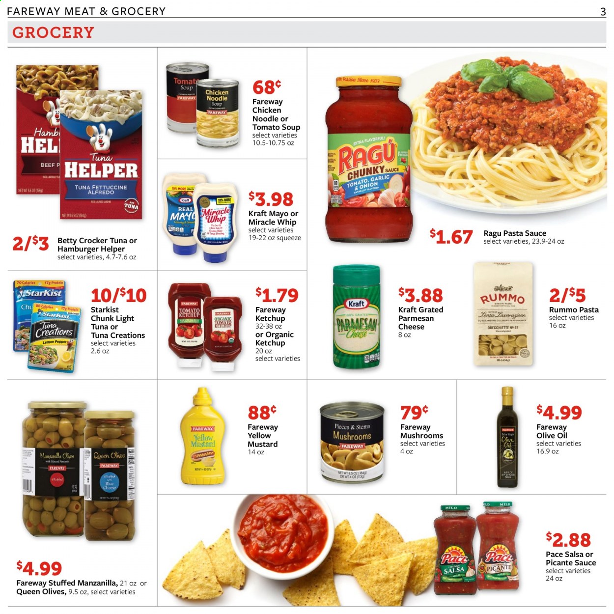 thumbnail - Fareway Flyer - Sales products - mushrooms, tuna, StarKist, tomato soup, pasta sauce, soup, sauce, noodles cup, noodles, Kraft®, ragú pasta, blue cheese, parmesan, cheese, mayonnaise, Miracle Whip, olives, mustard, ketchup, salsa, ragu, olive oil, oil. Page 3.