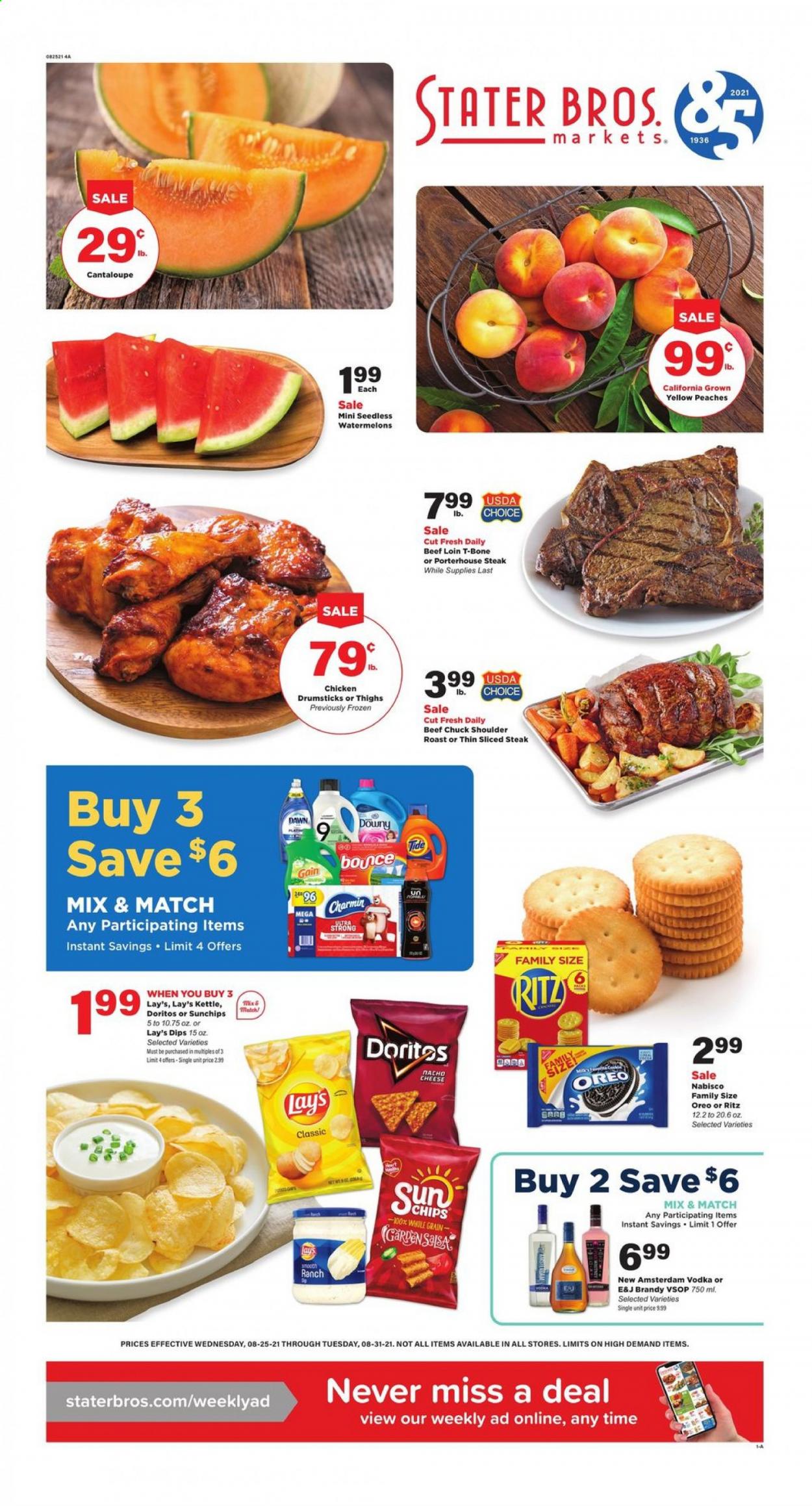 thumbnail - Stater Bros. Flyer - 08/25/2021 - 08/31/2021 - Sales products - cantaloupe, RITZ, Doritos, Lay’s, brandy, vodka, beef meat, t-bone steak, steak, Charmin, Gain, Tide, peaches. Page 1.