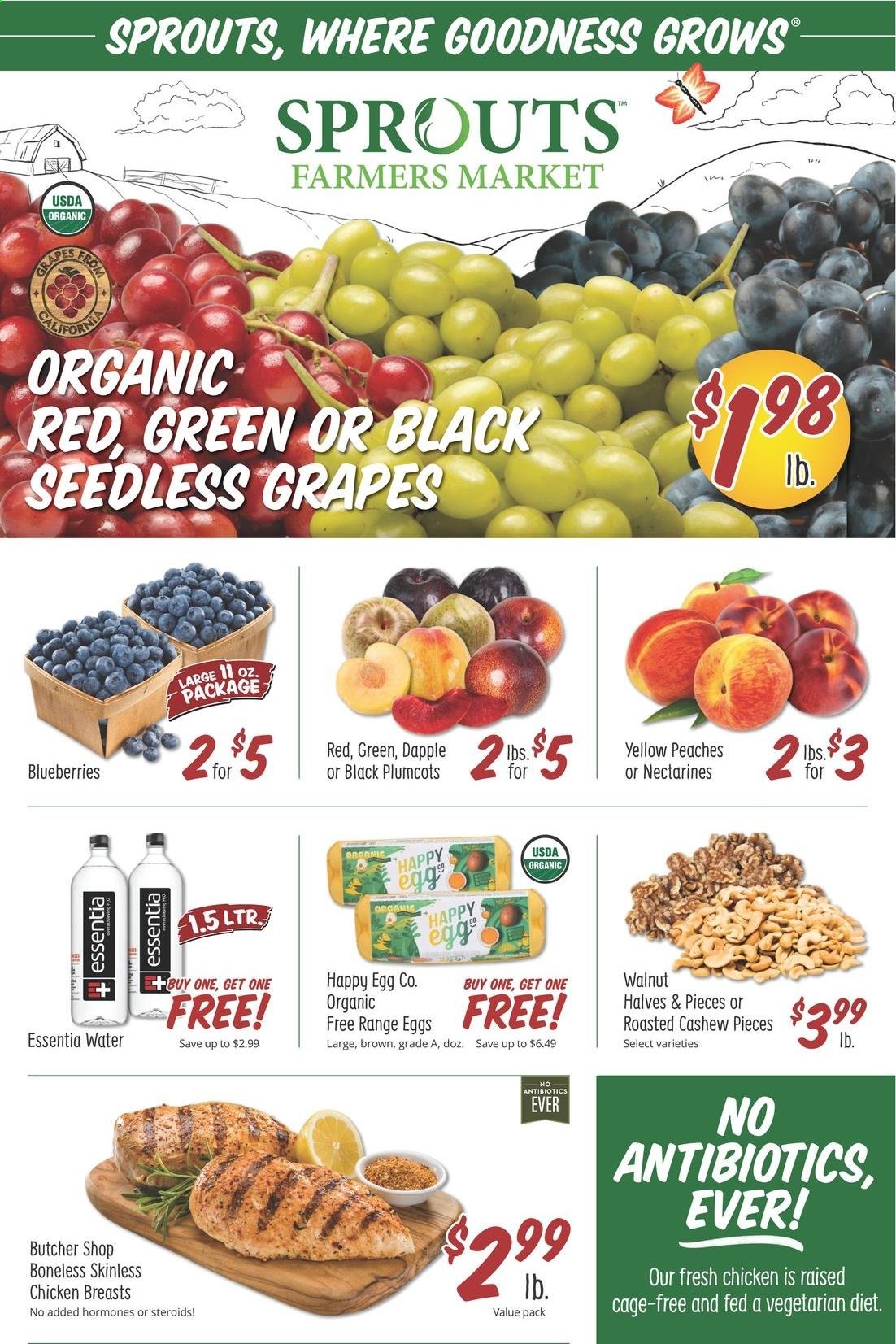 thumbnail - Sprouts Flyer - 08/25/2021 - 08/31/2021 - Sales products - seedless grapes, blueberries, eggs, cage free eggs, walnuts, chicken breasts, nectarines, peaches. Page 1.