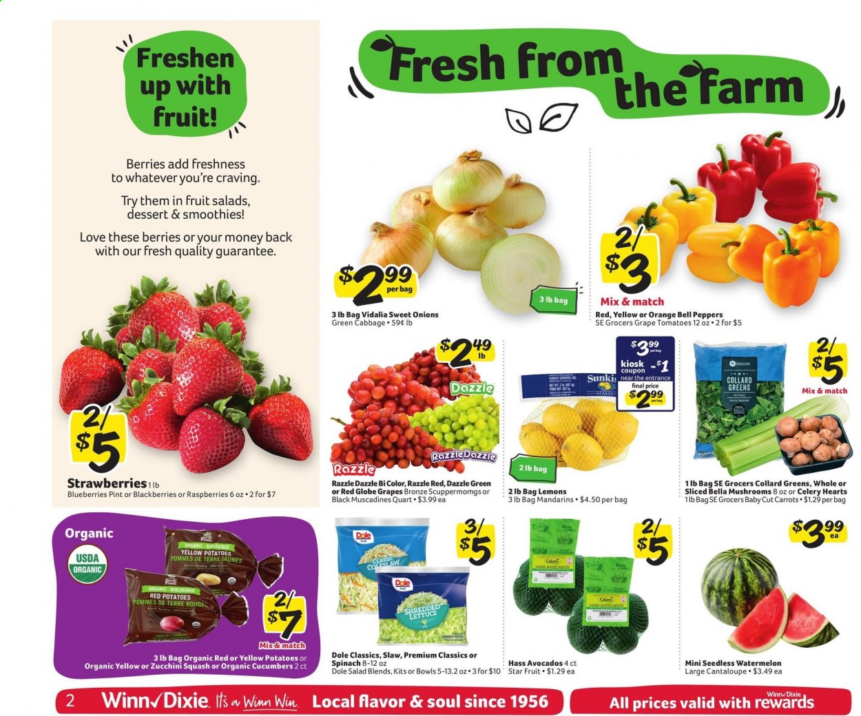 thumbnail - Winn Dixie Flyer - 08/25/2021 - 08/31/2021 - Sales products - mushrooms, star fruit, bell peppers, Bella, cabbage, cantaloupe, carrots, cucumber, collard greens, spinach, tomatoes, zucchini, potatoes, lettuce, salad, Dole, peppers, red potatoes, sleeved celery, shredded lettuce, avocado, blackberries, blueberries, mandarines, Red Globe, watermelon, oranges, smoothie, lemons. Page 2.