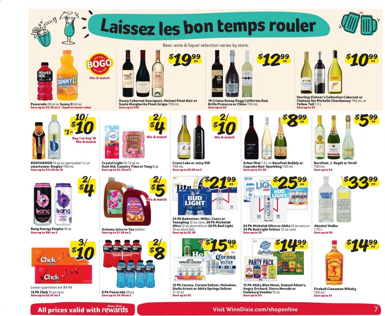 thumbnail - Winn Dixie Flyer - 08/25/2021 - 08/31/2021 - Sales products - oranges, cotton candy, Santa, Powerade, juice, AriZona, Country Time, fruit punch, Smartwater, tea, Cabernet Sauvignon, red wine, white wine, prosecco, Chardonnay, wine, Pinot Noir, Pinot Grigio, vodka, liquor, Absolut, Hard Seltzer, cinnamon whisky, whisky, beer, Bud Light, Corona Extra, Heineken, Miller, Lager, Chloé, Budweiser, Stella Artois, Coors, Blue Moon, Yuengling, Michelob. Page 7.