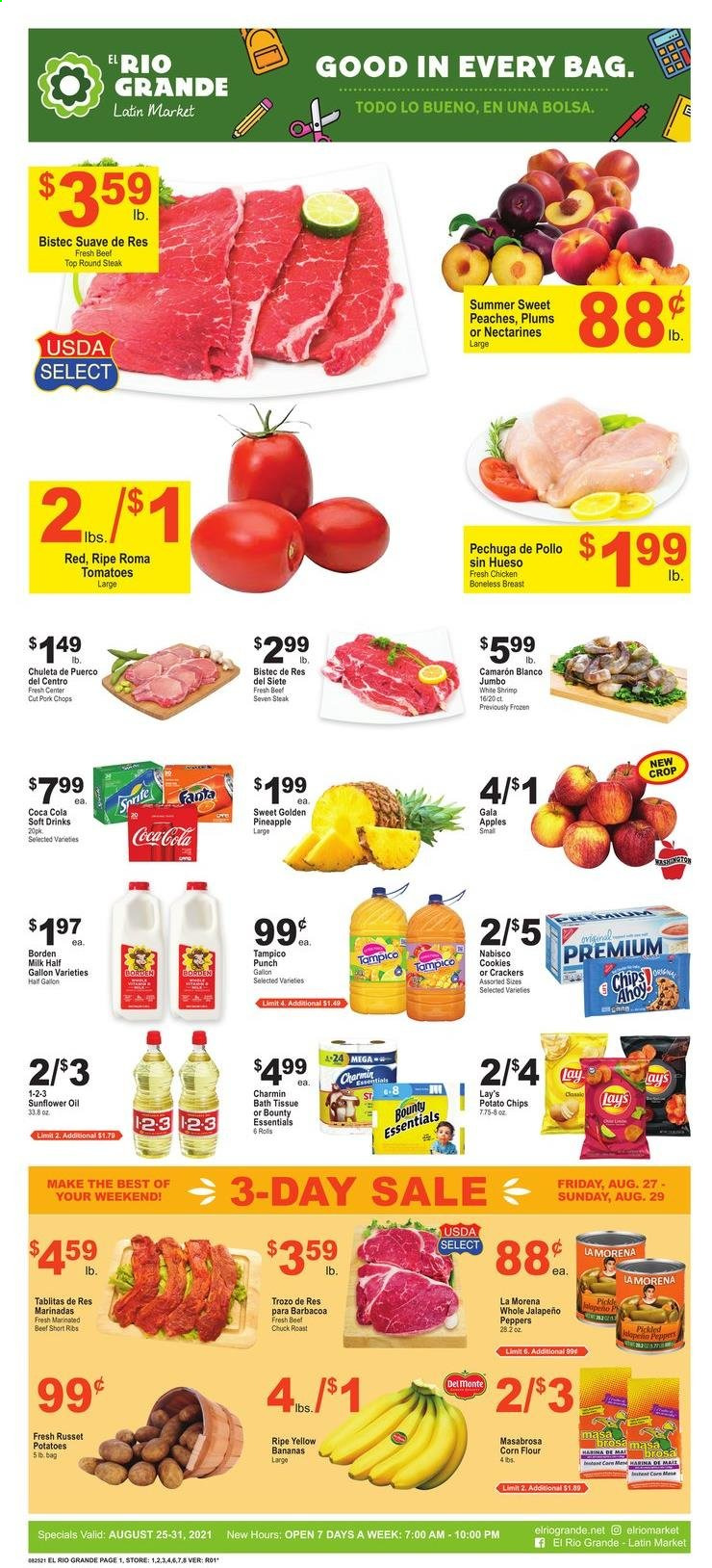 thumbnail - El Rio Grande Flyer - 08/25/2021 - 08/31/2021 - Sales products - plums, corn, russet potatoes, tomatoes, potatoes, peppers, jalapeño, apples, Gala, pineapple, shrimps, milk, cookies, Bounty, crackers, Lay’s, flour, corn flour, sunflower oil, oil, Coca-Cola, Fanta, soft drink, fruit punch, beef meat, beef ribs, steak, round steak, chuck roast, marinated beef, pork chops, pork meat, nectarines, peaches. Page 1.