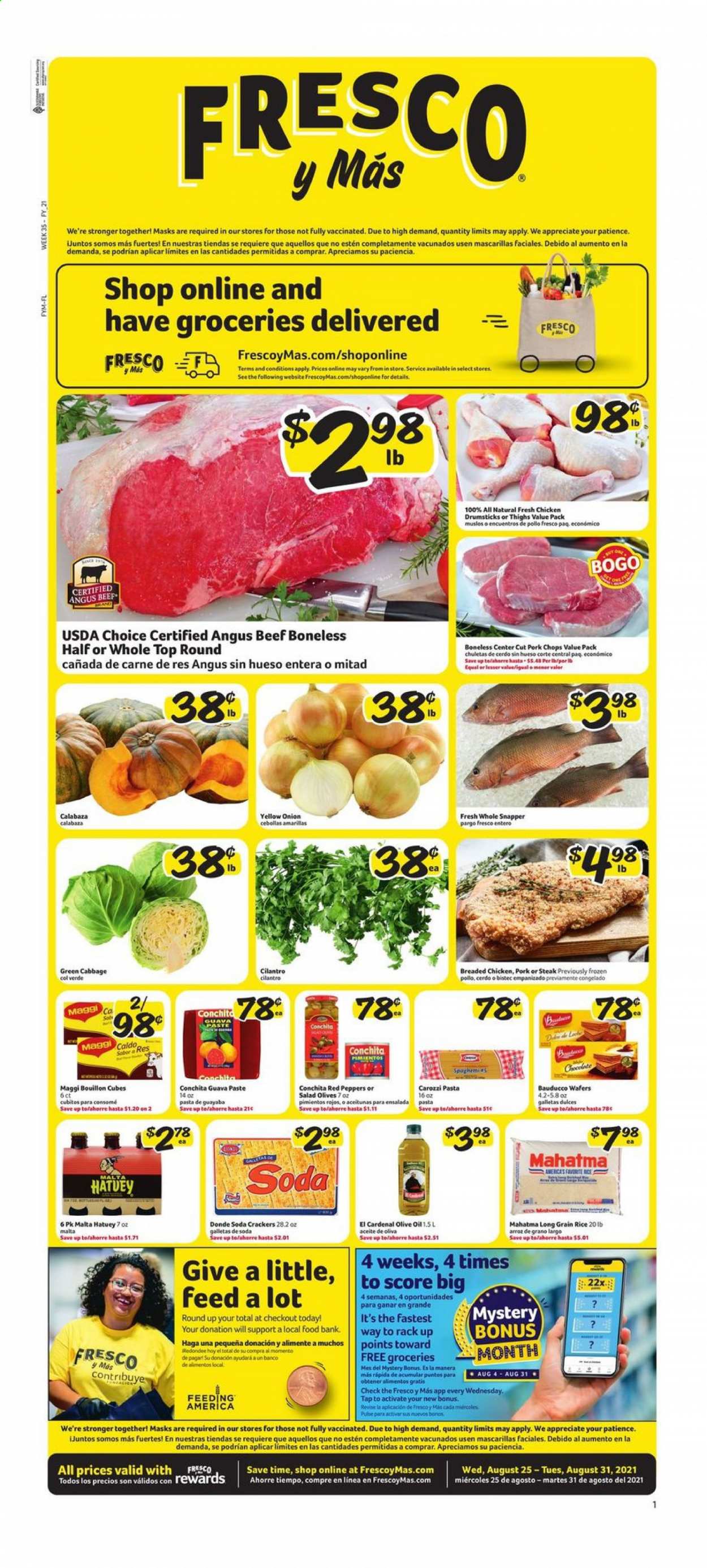 thumbnail - Fresco y Más Flyer - 08/25/2021 - 08/31/2021 - Sales products - cabbage, onion, peppers, red peppers, guava, pasta, fried chicken, wafers, crackers, bouillon, Maggi, olives, rice, long grain rice, cilantro, olive oil, oil, soda, Sol, chicken drumsticks, beef meat, steak, pork chops, pork meat. Page 1.