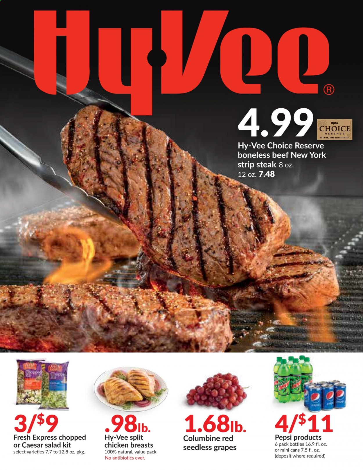 thumbnail - Hy-Vee Flyer - 08/25/2021 - 08/31/2021 - Sales products - seedless grapes, salad, grapes, Pepsi, chicken breasts, beef meat, steak, striploin steak. Page 1.