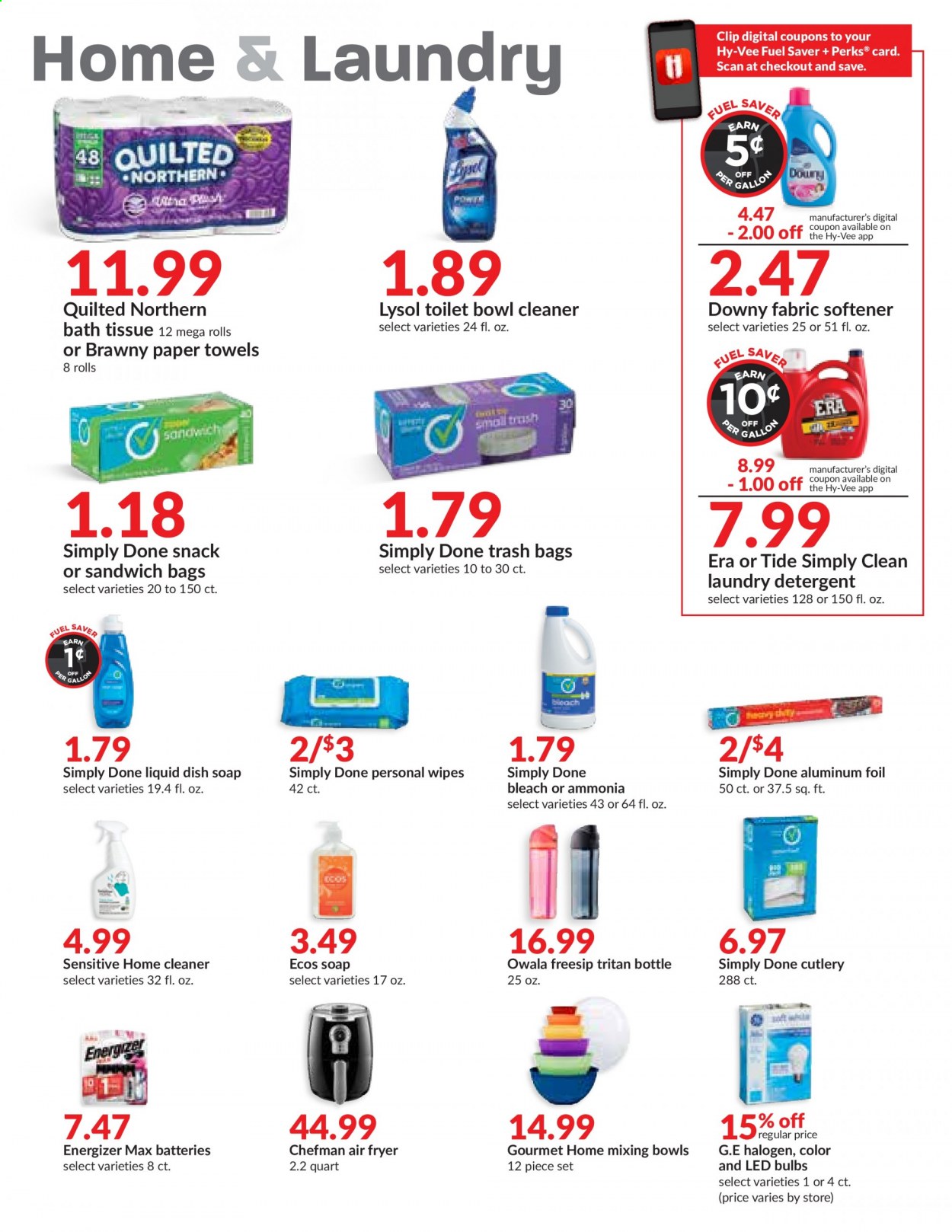 thumbnail - Hy-Vee Flyer - 08/25/2021 - 08/31/2021 - Sales products - snack, wipes, bath tissue, Quilted Northern, kitchen towels, paper towels, detergent, cleaner, bleach, Lysol, Tide, fabric softener, laundry detergent, Downy Laundry, soap, bag, trash bags, aluminium foil, battery, bulb, Energizer, LED bulb, Chefman, air fryer. Page 26.