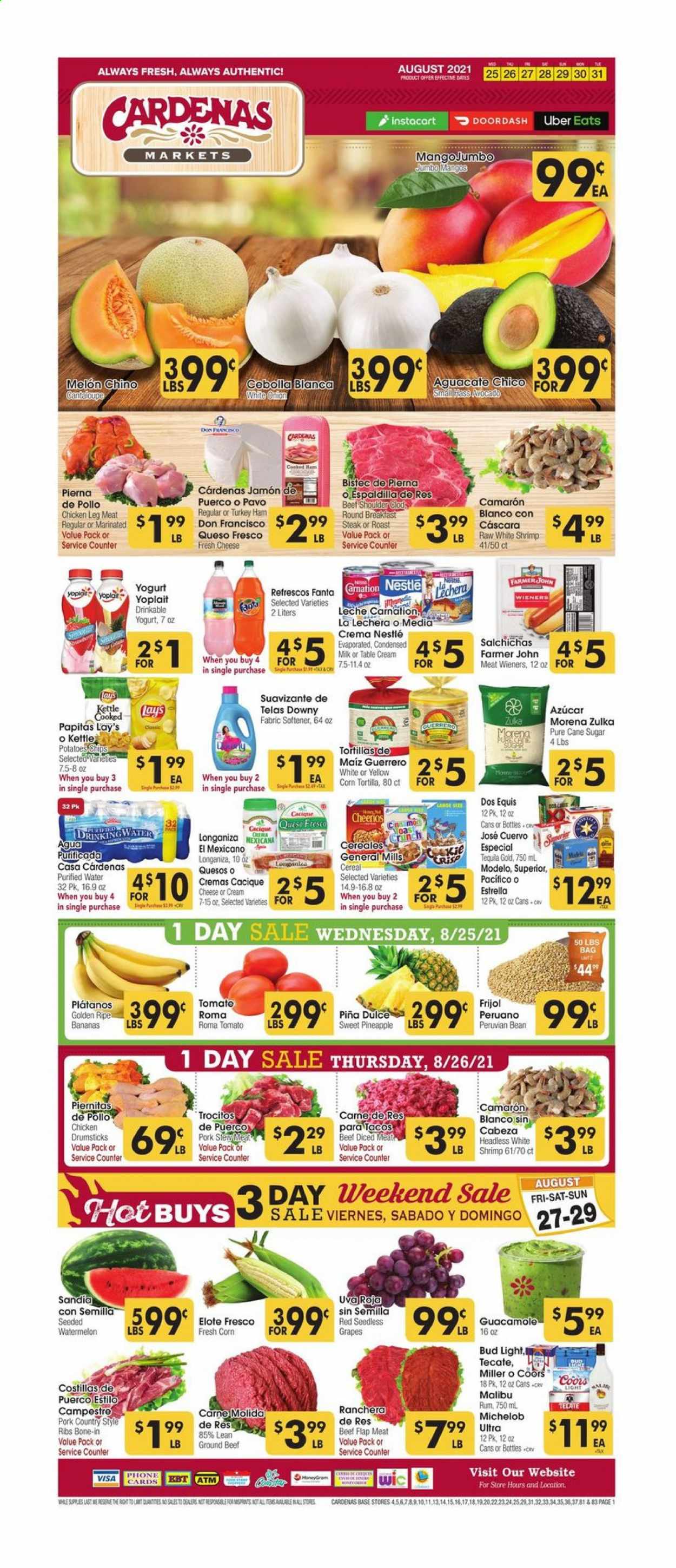 thumbnail - Cardenas Flyer - 08/25/2021 - 08/31/2021 - Sales products - stew meat, seedless grapes, tortillas, cantaloupe, tomatoes, bananas, grapes, watermelon, pineapple, shrimps, ham, guacamole, queso fresco, yoghurt, Yoplait, milk, condensed milk, Nestlé, chips, Lay’s, cane sugar, sugar, cereals, Cheerios, Fanta, purified water, rum, tequila, Malibu, beer, Bud Light, Miller, Modelo, chicken legs, chicken drumsticks, beef meat, ground beef, steak, pork ribs, country style ribs, Downy Laundry, melons, Coors, Dos Equis, Michelob. Page 1.